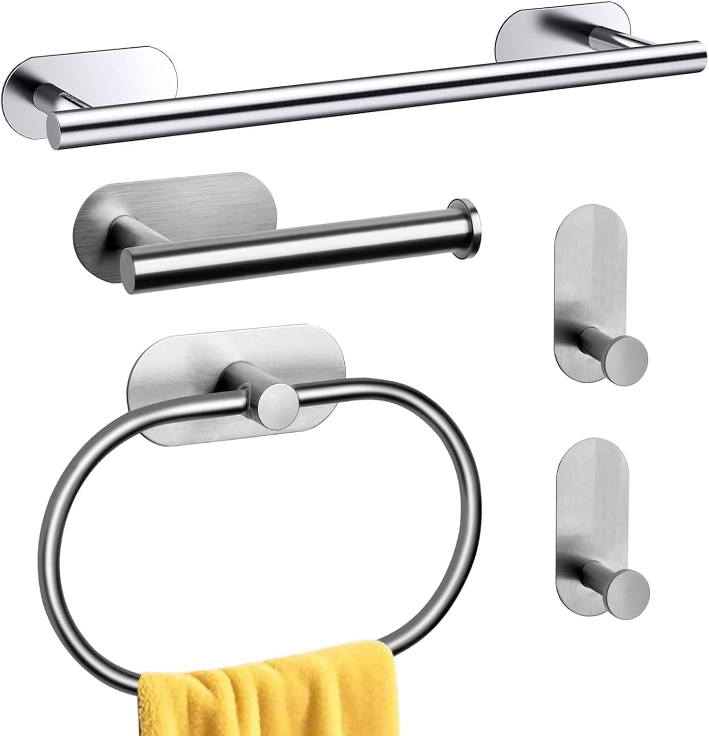 Zestaw wieszaków na ręczniki łazienkowe ze stali nierdzewnej, samoprzylepne haczyki i uchwyt na papier toaletowy (srebrny, 5 sztuk)