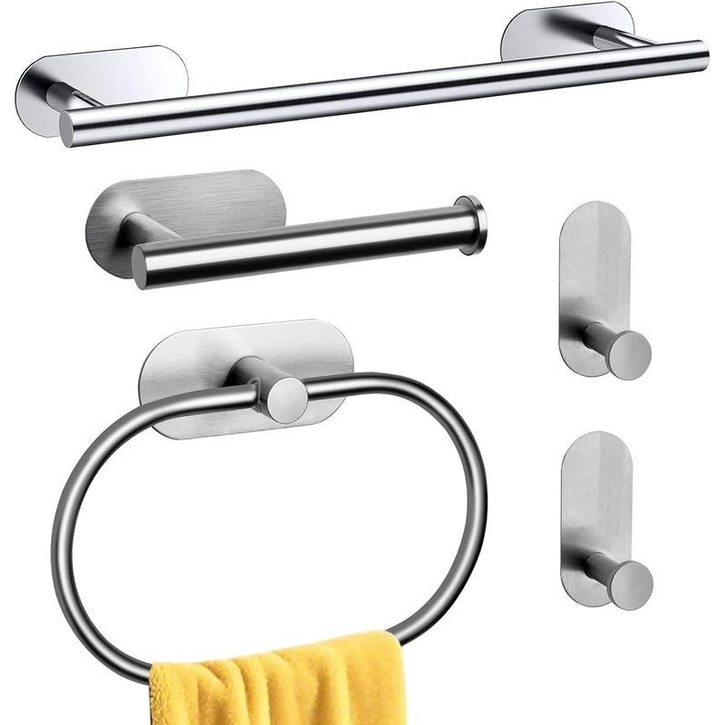Zestaw wieszaków na ręczniki łazienkowe ze stali nierdzewnej, samoprzylepne haczyki i uchwyt na papier toaletowy (srebrny, 5 sztuk)