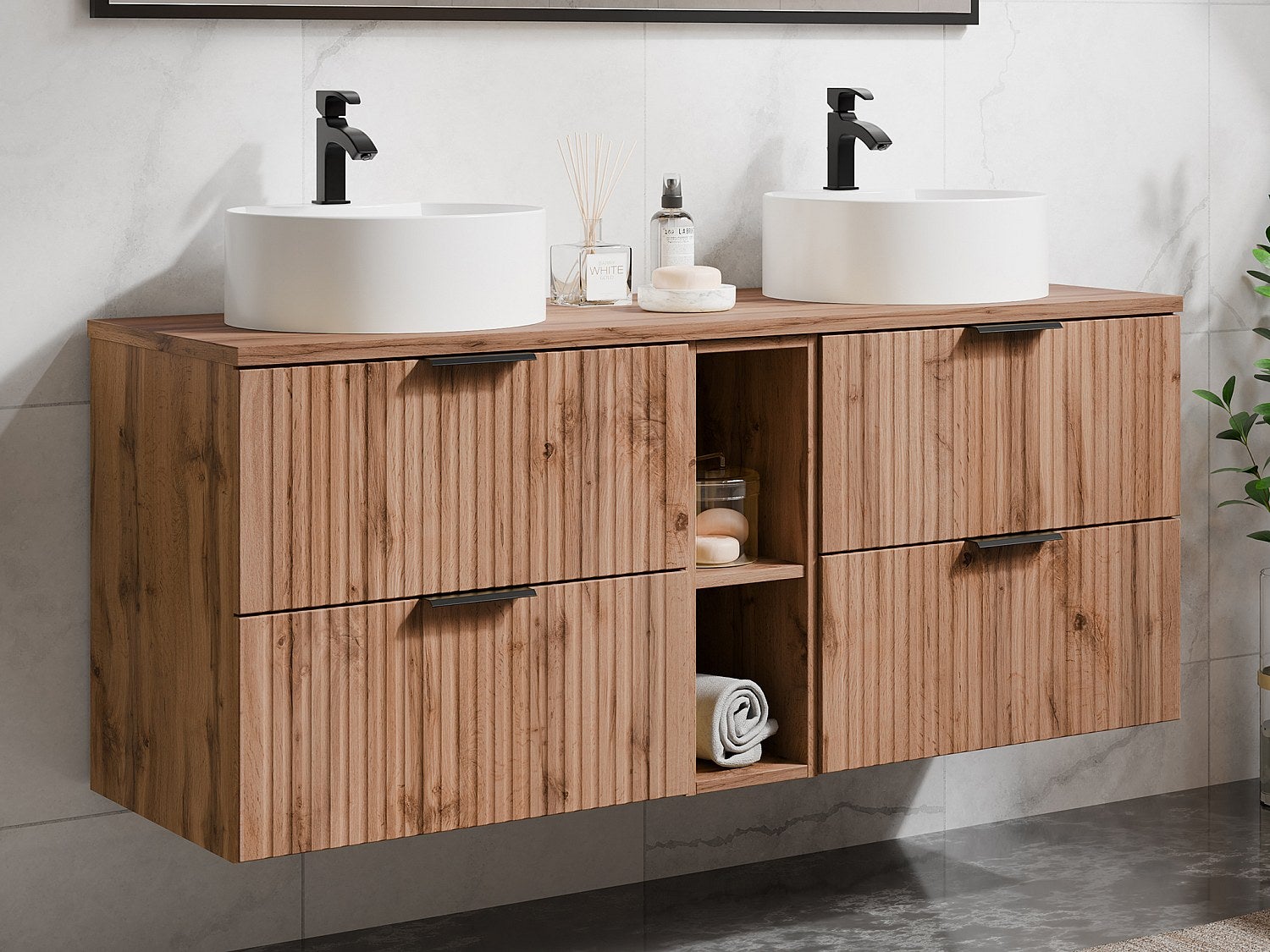 Szafka łazienkowa wisząca ryflowana z wnękami i dwoma okrągłymi umywalkami nablatowymi - Naturalny jasny - szer. 140 cm - ZEVARA