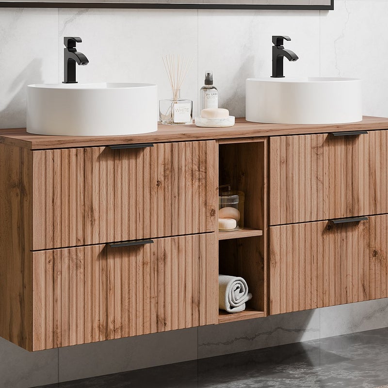 Szafka łazienkowa wisząca ryflowana z wnękami i dwoma okrągłymi umywalkami nablatowymi - Naturalny jasny - szer. 140 cm - ZEVARA