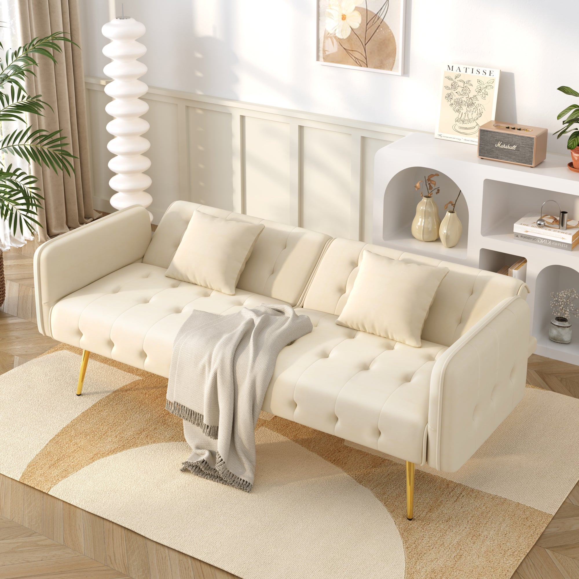 Wielofunkcyjna sofa 2-osobowa - Regulowane oparcie - Regulowane podłokietniki - Aksamit - Beżowa - 2