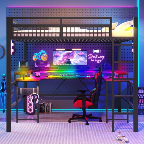 Lit Mezzanine 2 Place avec LED et USBTypeC, Lit Superposé Enfant 140x200 avec bureau et paroi perforée, Structure en fer Noir(Sans Matelas) - 3