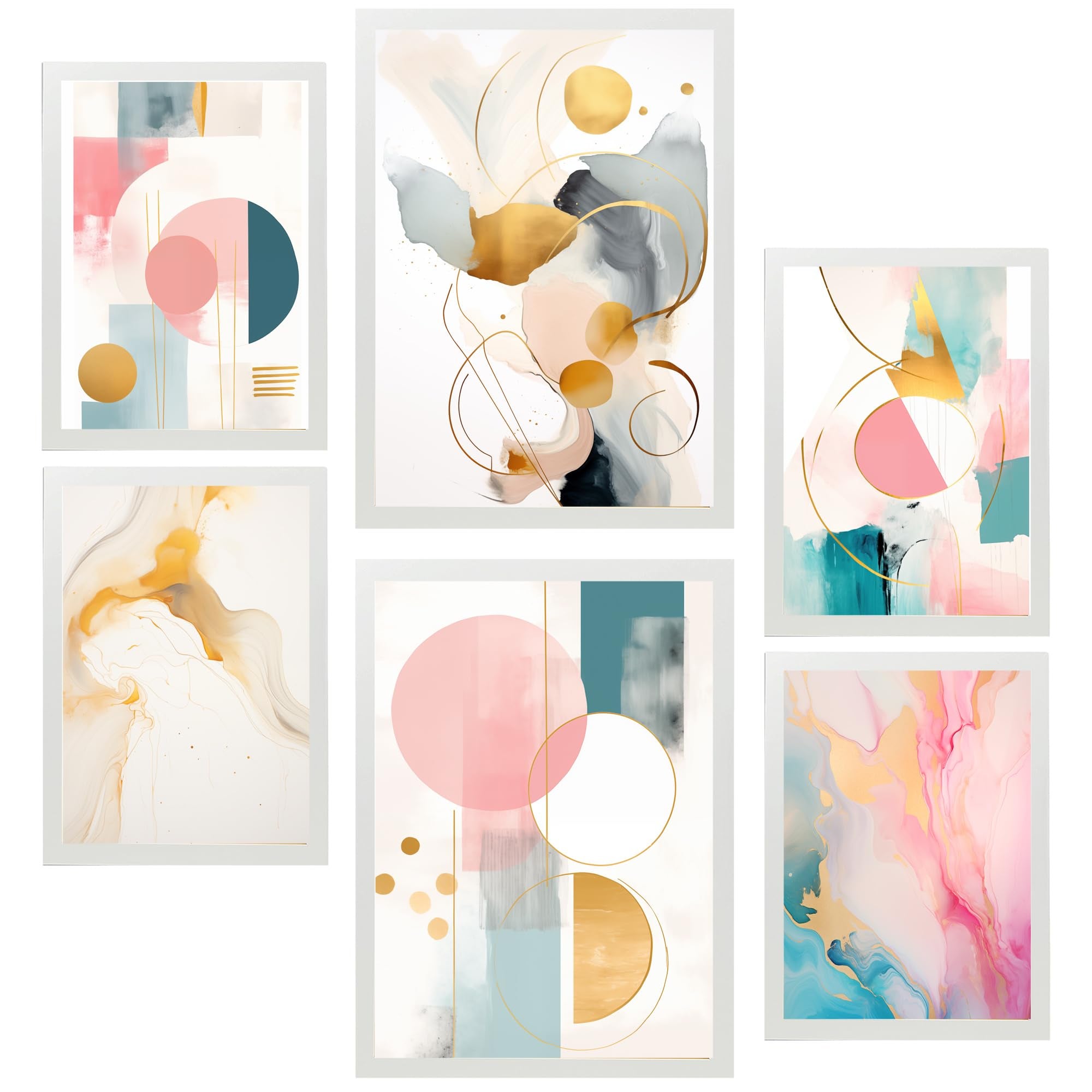 Set de 6 abstracto lila fucsia dorado verde cuadros con ilustración de diseño para decorar las paredes del hogar. tienda. a3 y a4. marco blanco