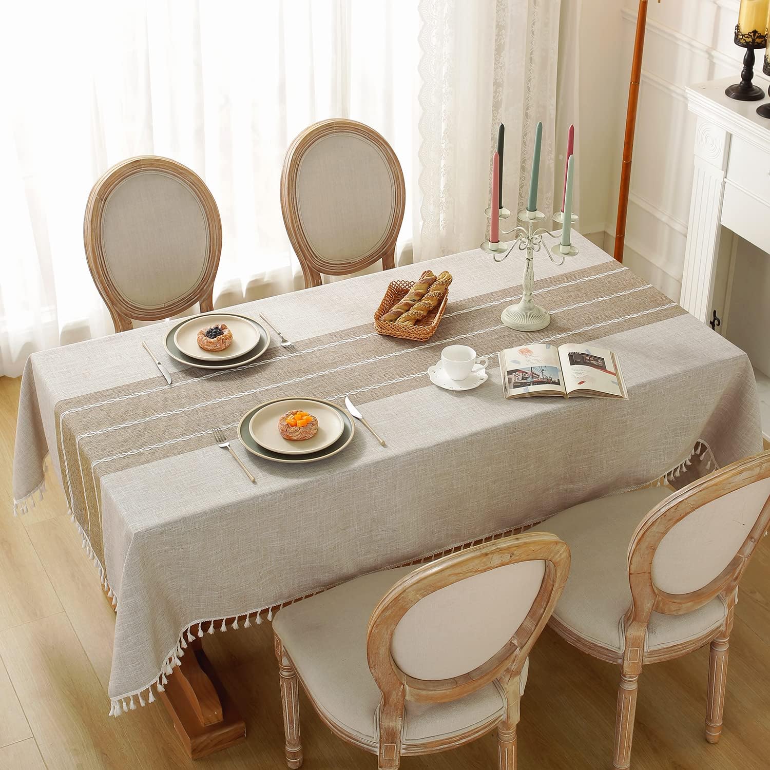 Tovaglia beige/marrone, 110*170cm, 1 pezzo, con nappe, in simil lino e cotone, lavabile, stile moderno e minimalista. - 2