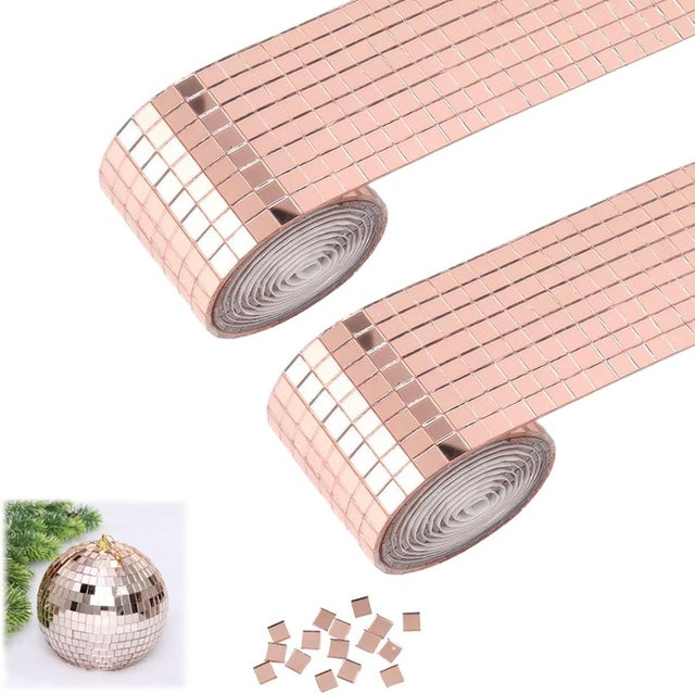 2 RouleauxCarrelage Miroir Mosaïque Carré, 5×5cm Mosaique Miroir Autocollant, Autocollant Mosaique Verre Carreaux, Boule Disco Déco Carrelage (Or Rose