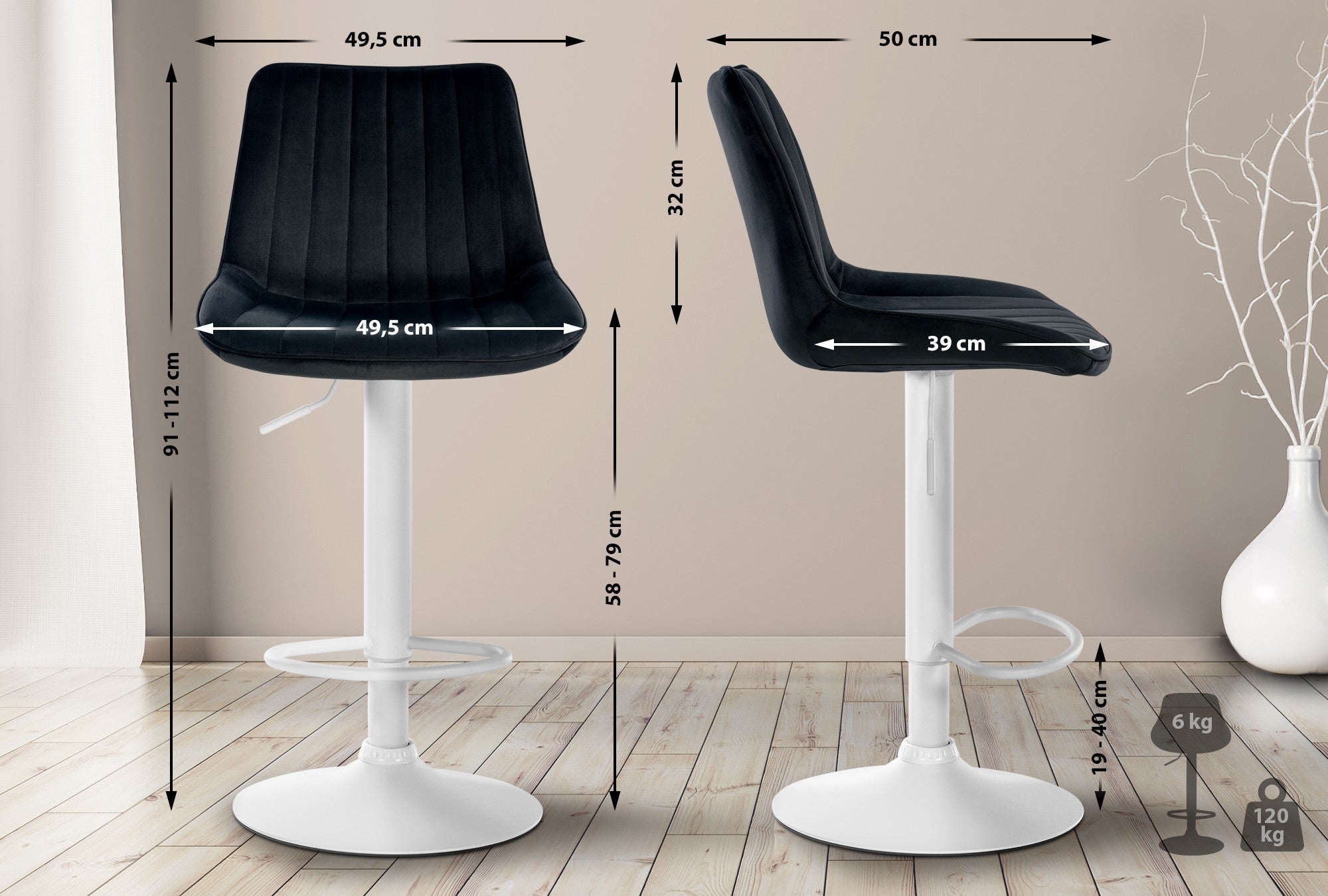 Tabouret De Bar Jamie – Velours Et Métal, Hauteur Réglable, Pied Trompette