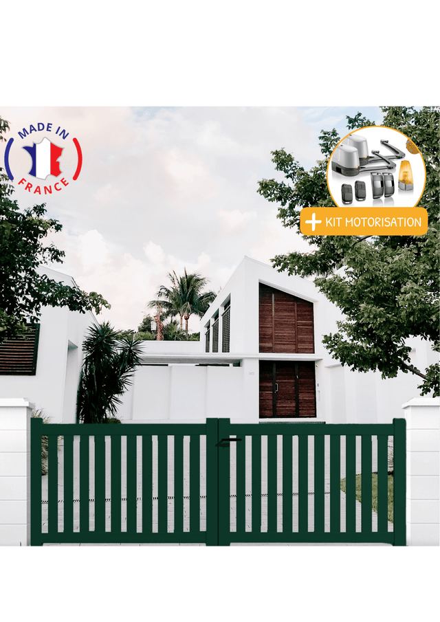 Portail aluminium battant ajouré en kit + Motorisation dimensions L.3000 (entre piliers) X H.1200 mm LOCKYVIA (à bras) Couleurs Vert (RAL 6005)