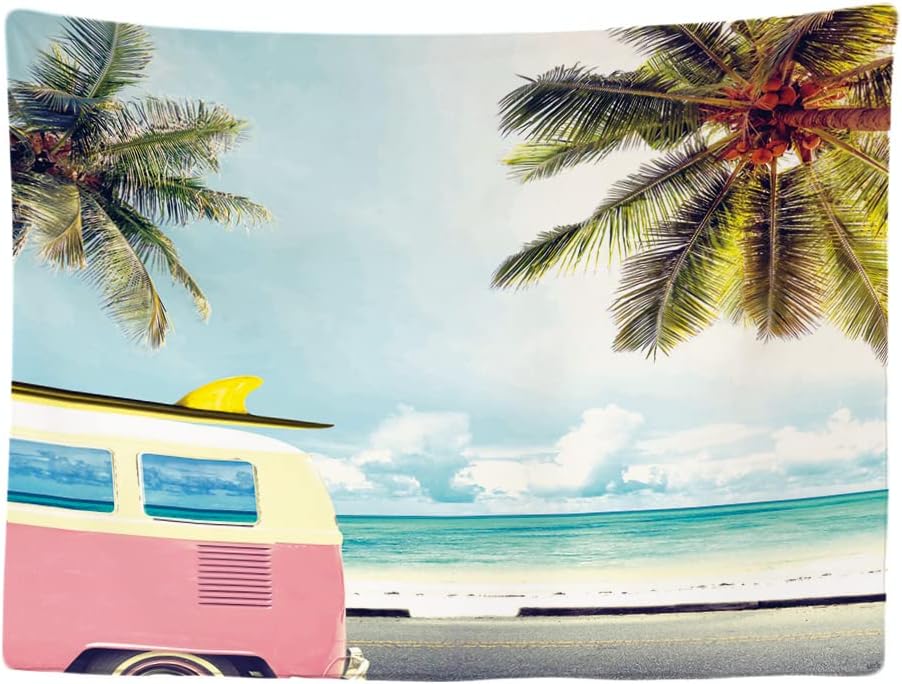 Dekoracyjna tapeta ścienna do sypialni – Autobus, palma, słońce, morze, van life – 200 x 150 cm, duża – tapeta materiałowa