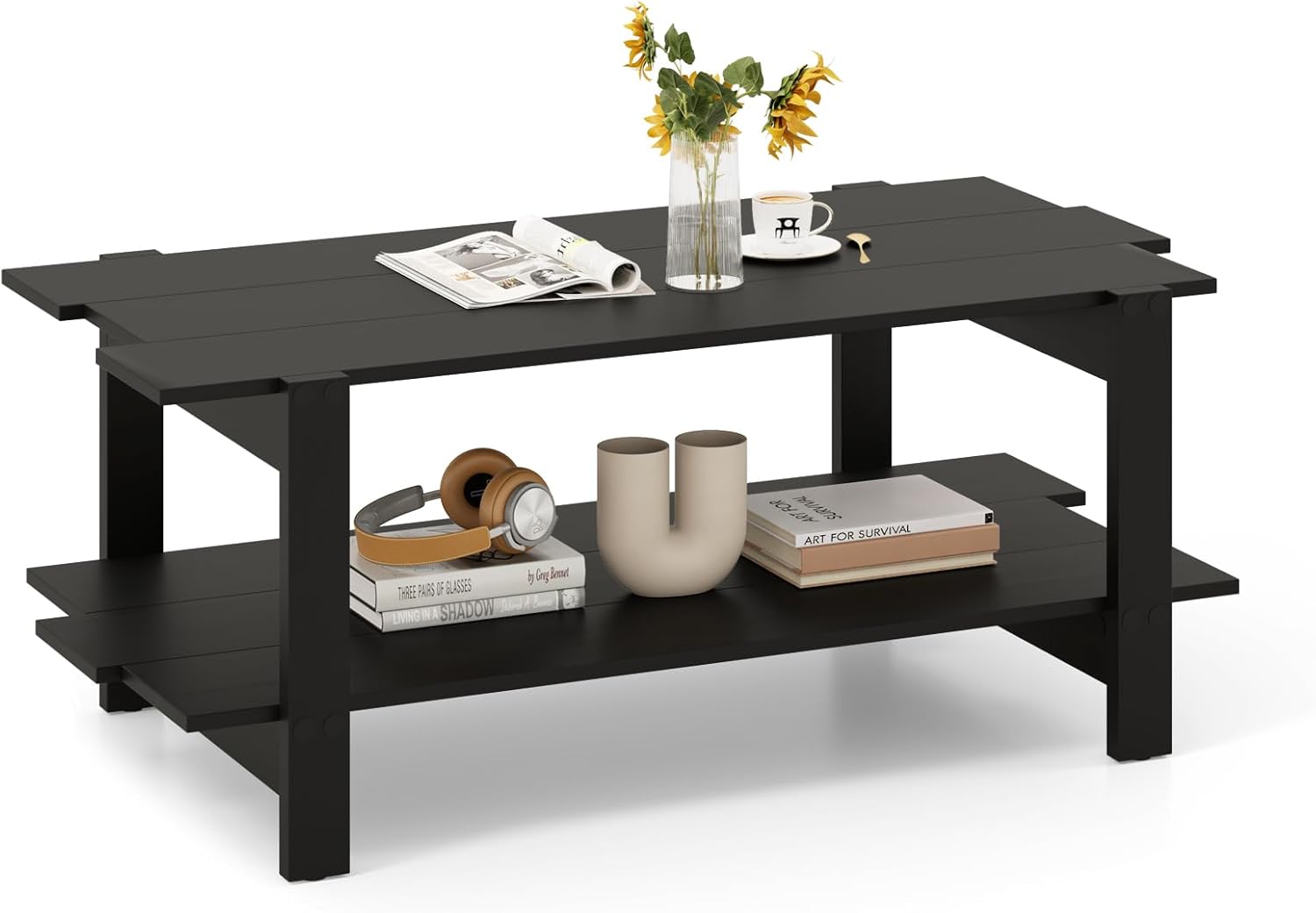 Stolik Kawowy Dwupoziomowy, Prostokątny z Miejscem do Przechowywania, Styl Industrialny, Imitacja Drewna, Nośność 60+60 kg, 115 × 59 × 46 cm (Czarny)