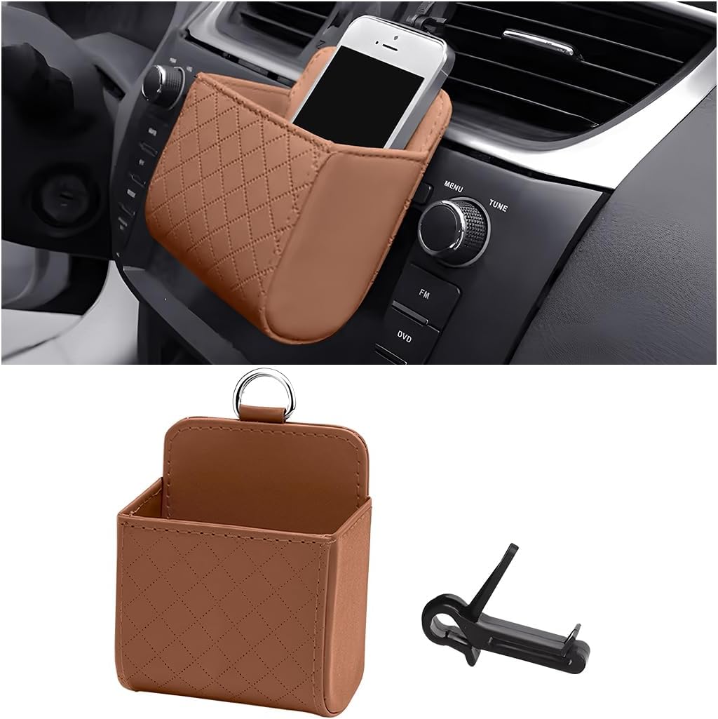 Organisateur Voiture Grille Aération Universel – Sac Rangement Cuir PU Pour Téléphone, Lunettes, Stylos – Noir