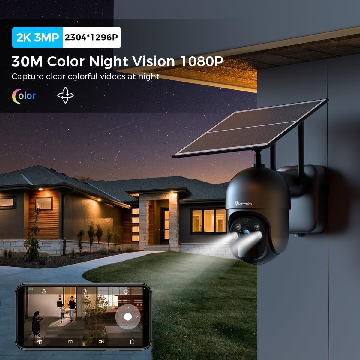 Caméra de Surveillance 4G LTE CTRONICS - Alimentation Solaire, Vision Nocturne Couleur et Détection PIR Noir - 4