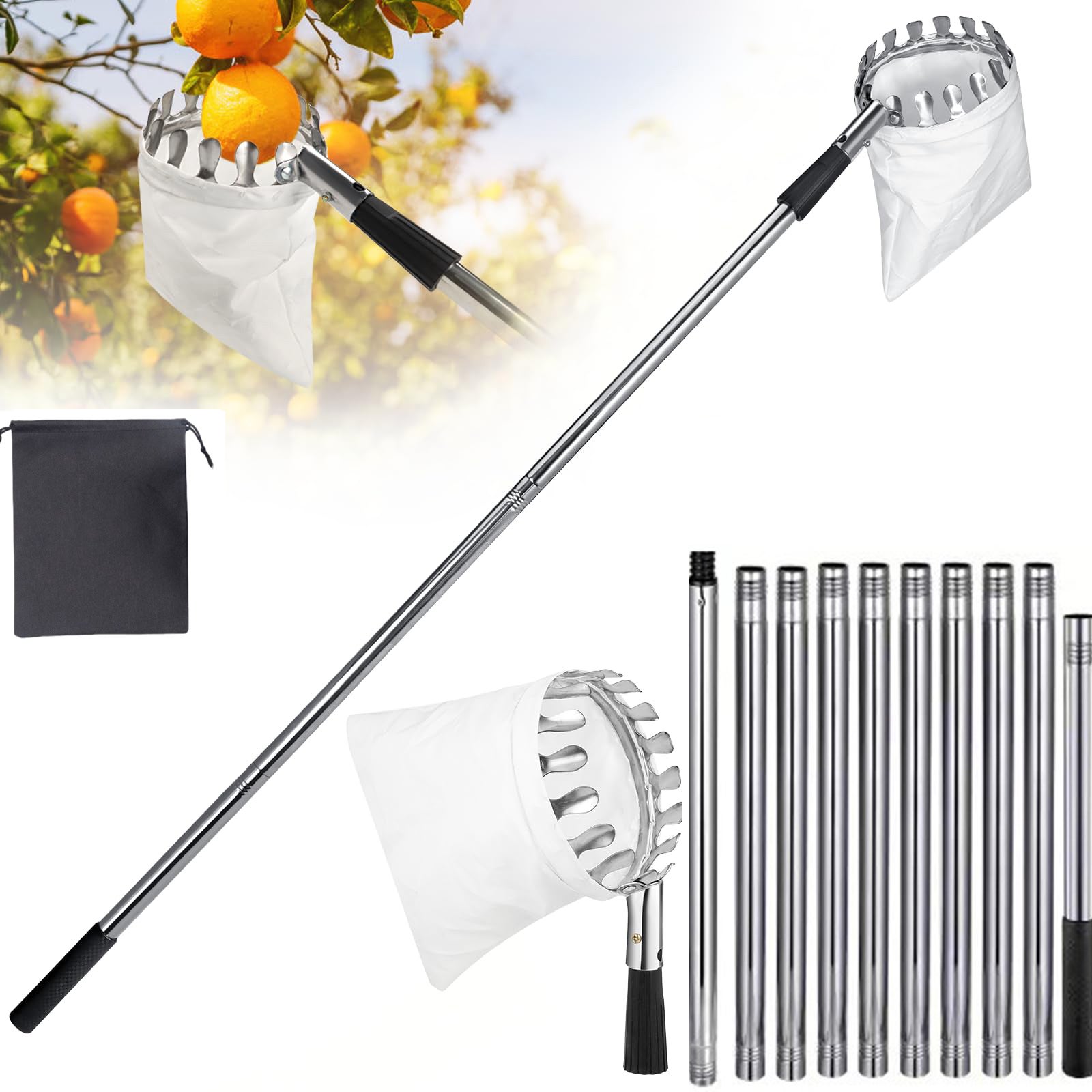 Cueille-fruits à Manche Télescopique Avec 3 Griffes En Caoutchouc - Pour Poires, Pommes, Oranges, Kakis, Jusqu'à 1m De Long - 6