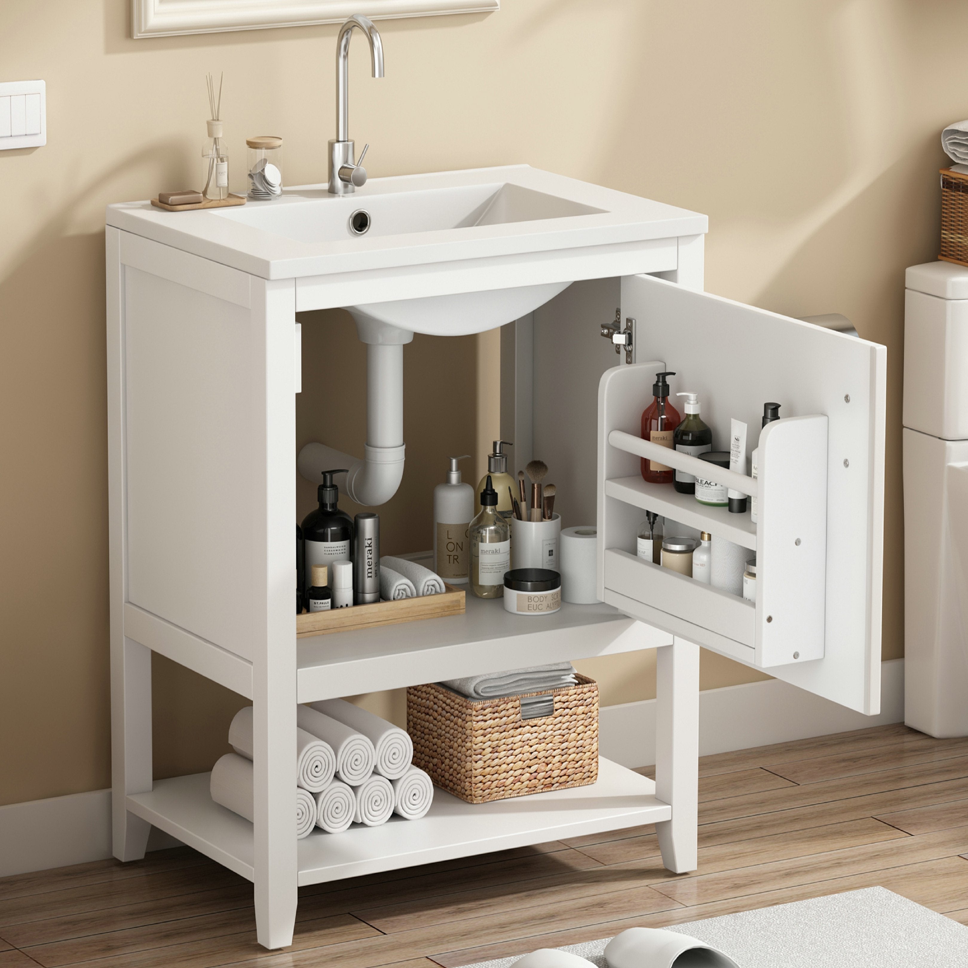 Meuble de salle de bains vasque simple, meuble-lavabo 60 cm avec vasque en céramique et étagère, blanc - 2