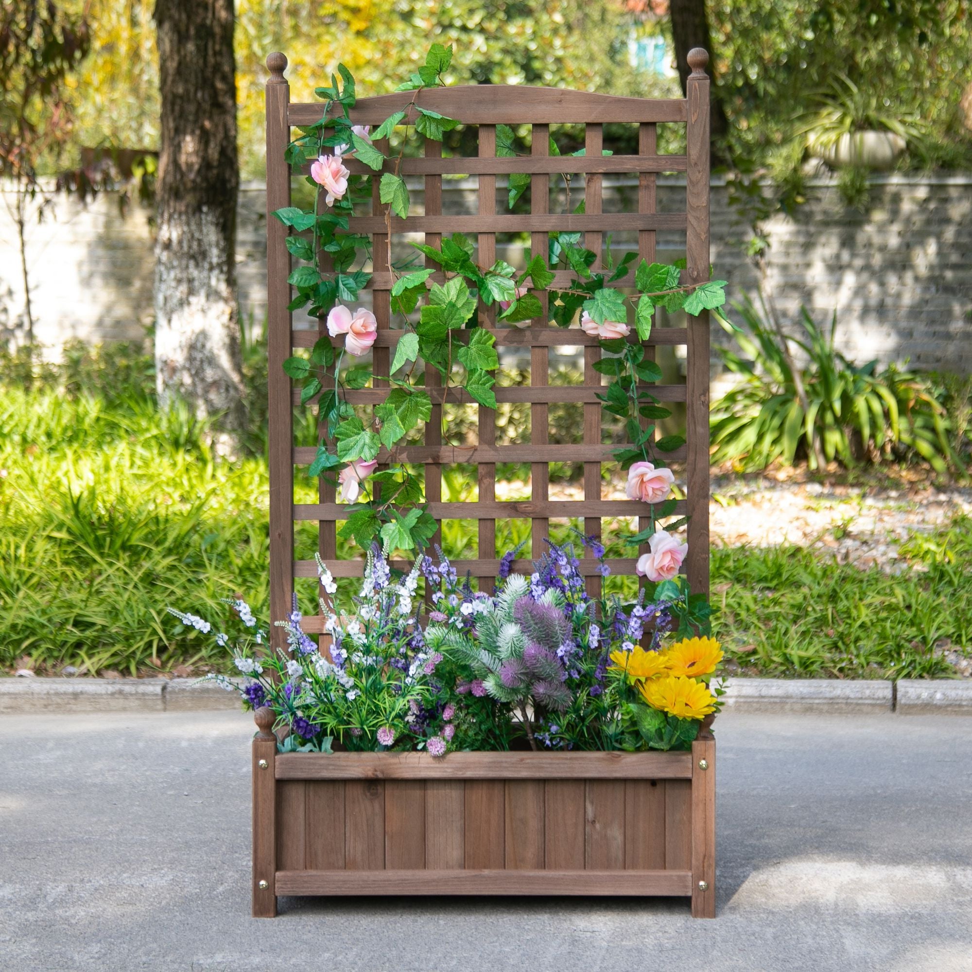 Jardinière avec Treillis - bac à Fleurs - jardinière sur Pied - dim. 64L x 28l x 120H cm Inserts d'irrigation Inclus Bois Sapin traité - 3