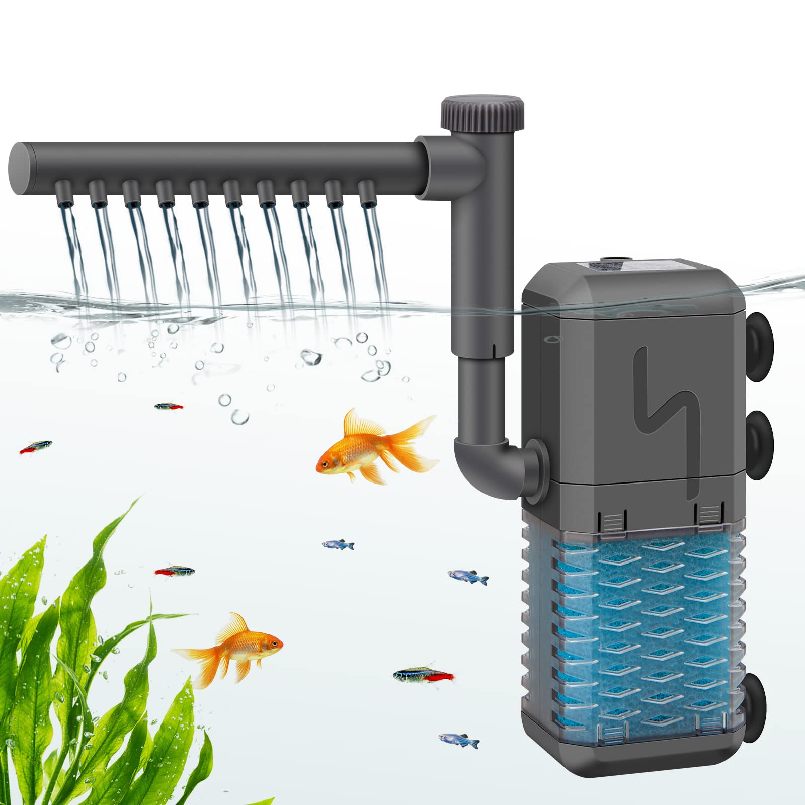 Filtr Akwariowy Regulowany 600 l/h, Pompa Wewnętrzna z Deszczownicą, Cichy Filtr Zanurzeniowy 6 W do Akwenów do 120 l