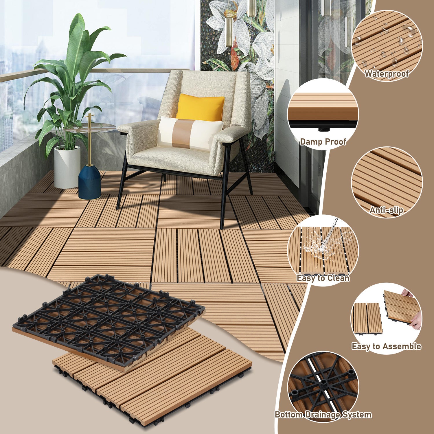 Lot de 22 dalles de terrasse clipsables 30 × 30 cm – Revêtement extérieur pour jardin, balcon et piscine - 3
