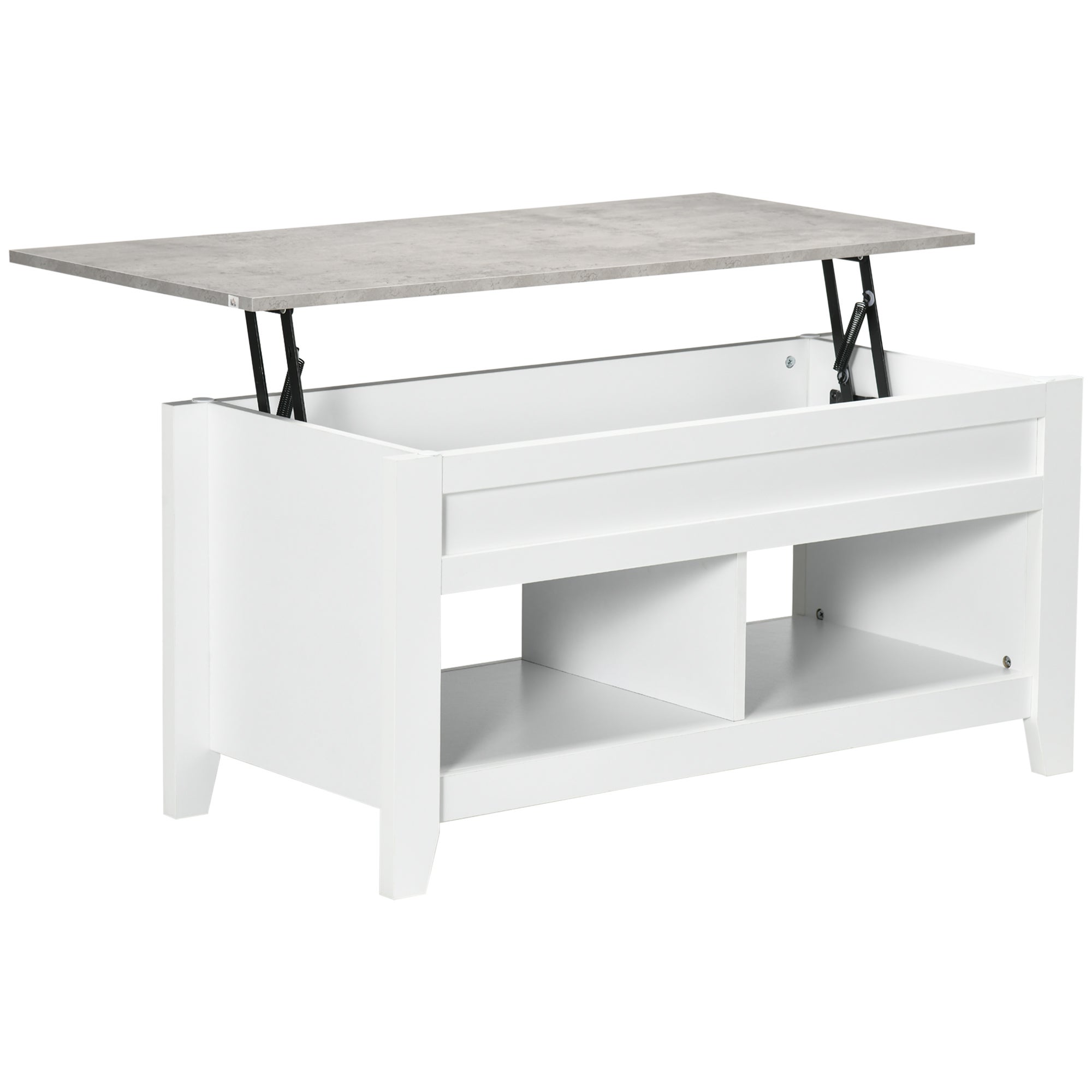 Mesa centro elevable tapa abatible, 105x50x49 cm, compartimentos almacenaje. blanco y efecto mármol.