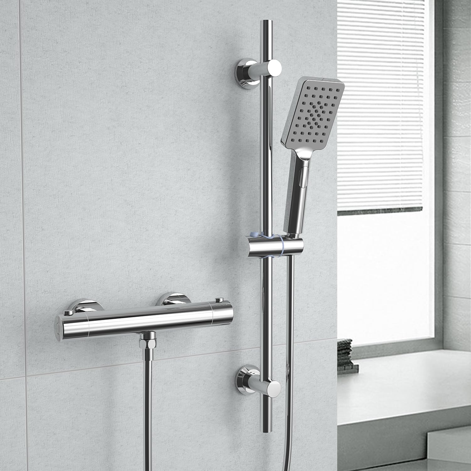 Görbach Mitigeur thermostatique de douche avec touche de sécurité 38 °C, Mitigeur thermostatique de douche, robinet de baignoire chromé pour douche - 2
