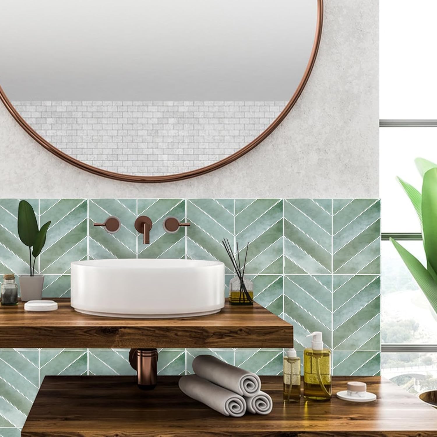 Crédence Carrelage 3D Losange Vert - Lot de 5 Plaques Adhésives Étanches en Forme de Diamant, Style Contemporain - 3