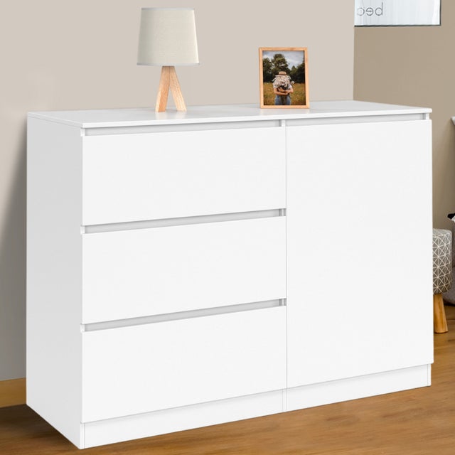 Commode 3 tiroirs + 1 porte TOMI 110 cm bois blanc