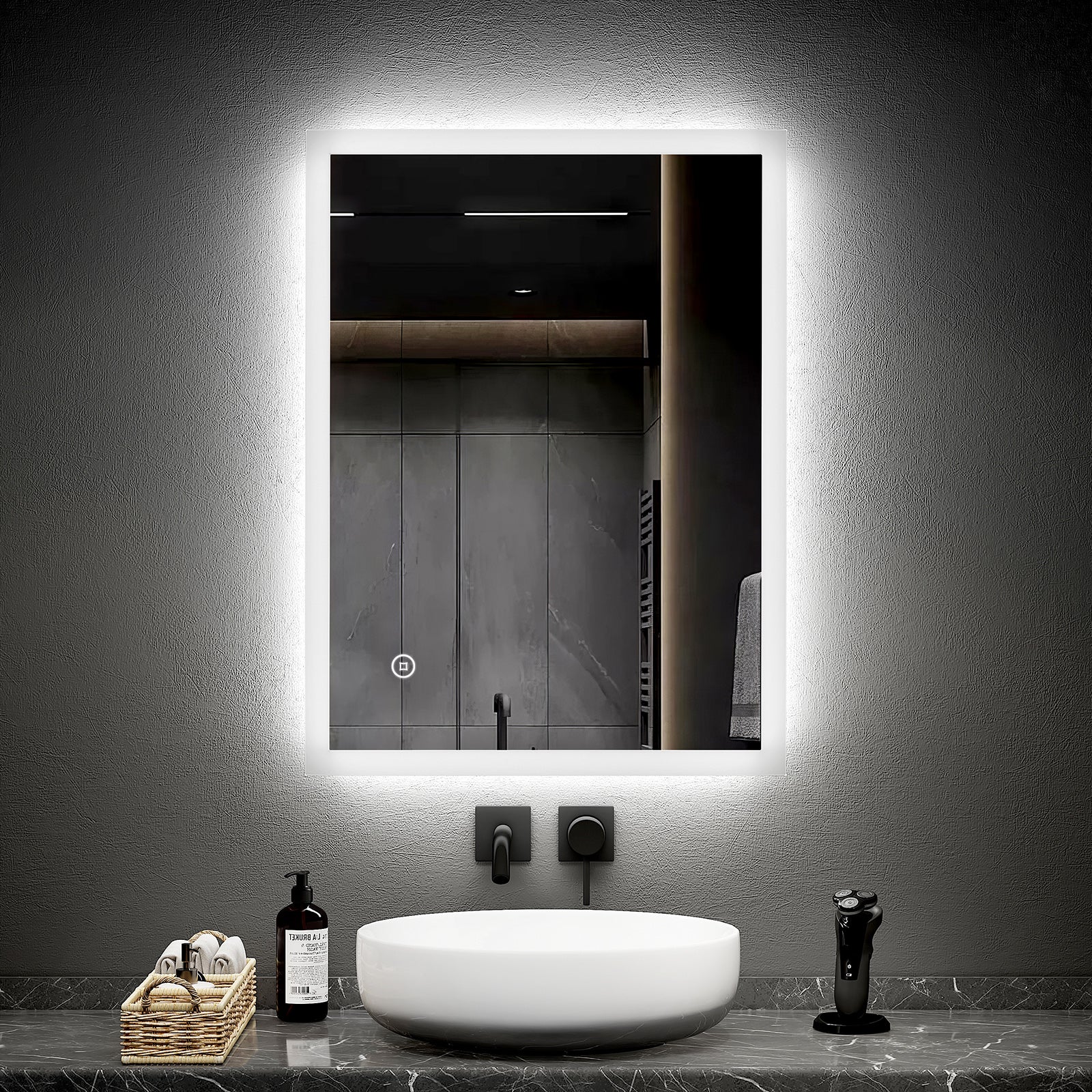 EMKE Lustro łazienkowe z oświetleniem LED 80x60 cm, z 3 barwy światła, możliwość ściemniania, przeciwmgielne, funkcja pamięci