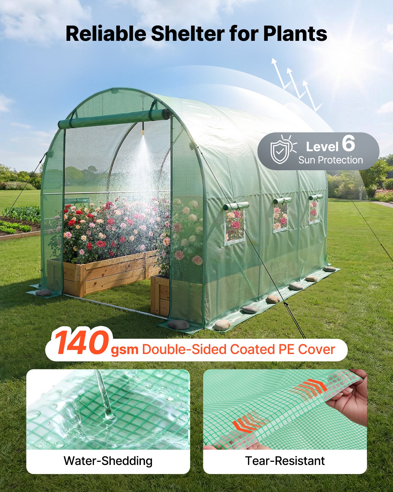 Serre de Jardin Tunnel VEVOR 2,93x1,97x1,94 m Serre Tunnel Maraîchère avec Système Arrosage 3 Modes, 4 Buses, Cadre Acier Galvanisé, Bâche PE, Vert - 5
