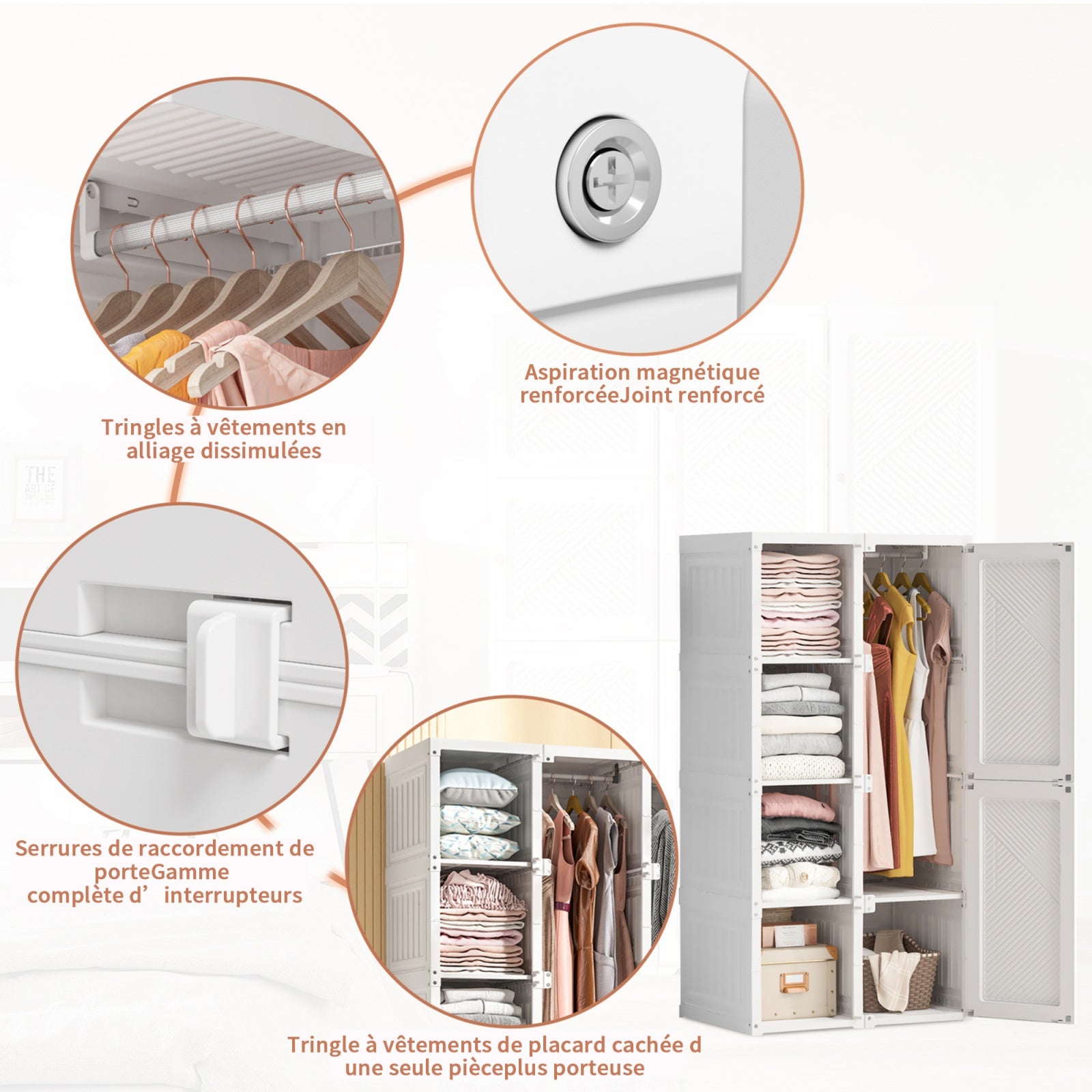 Armoire avec 8 compartiments, 6 portes, 1 suspension, sans installation, armoire portable, tringle à vêtements intégrée, 136x69x50 cm, blanc - 5