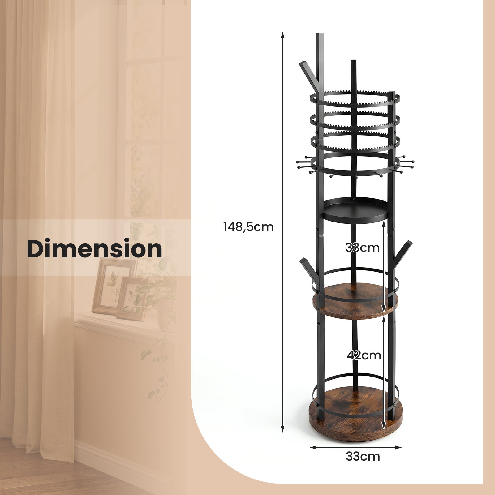 Support Organiseur pour Bijoux, Arbre à Bijoux Pivotant à 360° avec Crochets pour Boucles d'Oreilles et Colliers, 3 Étagères de Rangement, Marron - 3