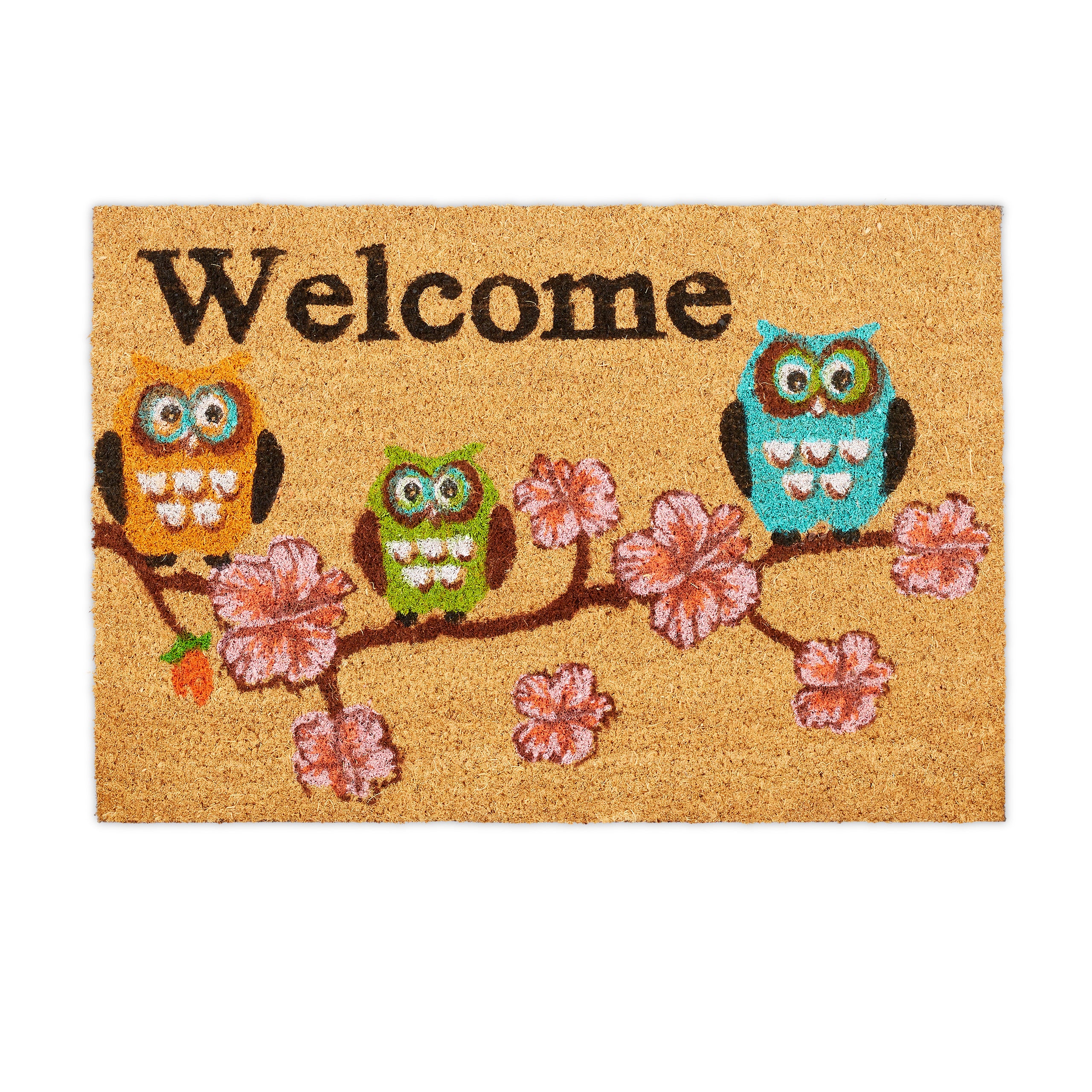 Relaxdays felpudo coco welcome, estampados búhos y flores, alfombrilla entrada, interior y exterior, 40 x 60 cm, natural