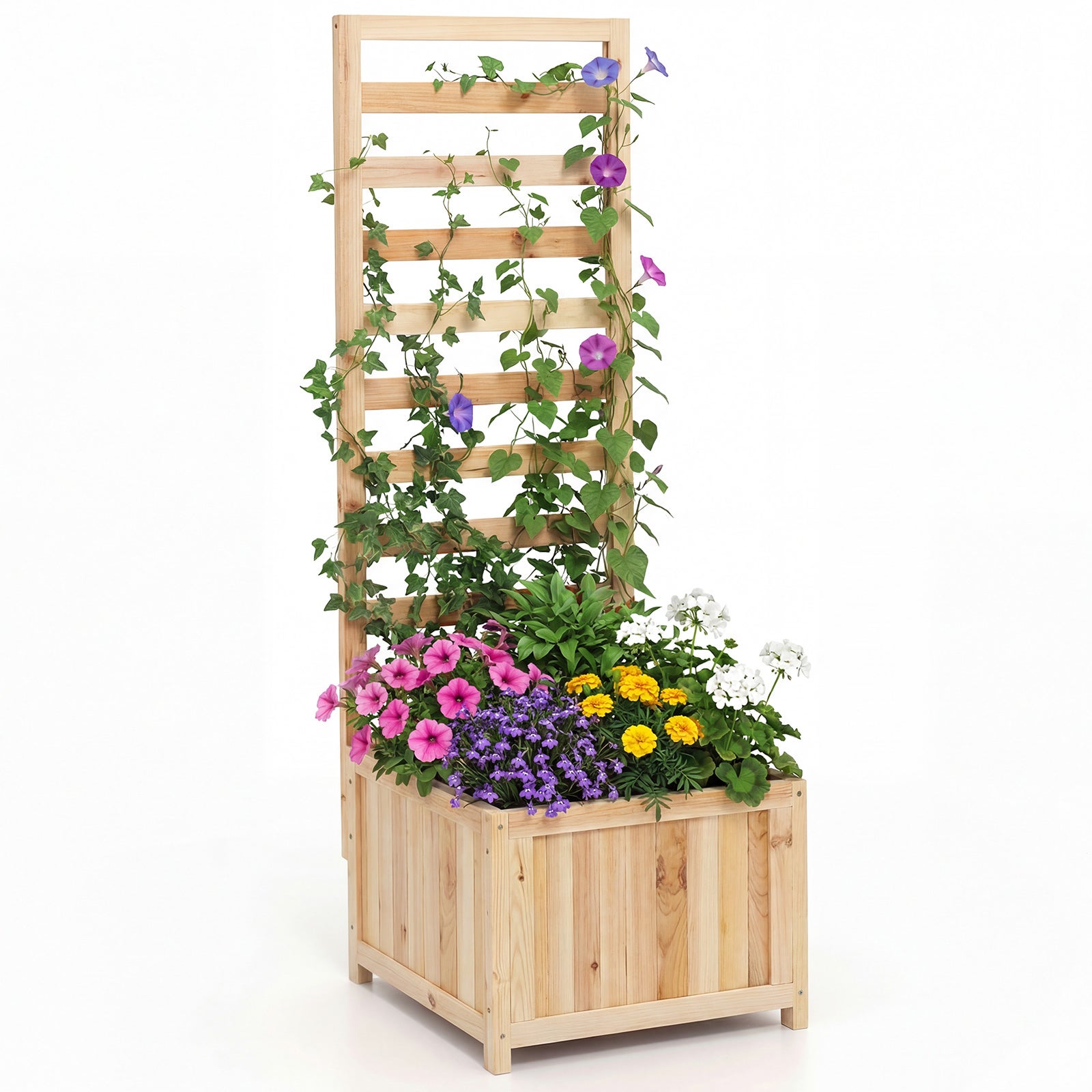 Jardiniere cu spalier din lemn de 123 cm, ghiveci înălțat pentru plante de viță de vie și flori, cu orificiu de drenaj, pat de grădină, bej