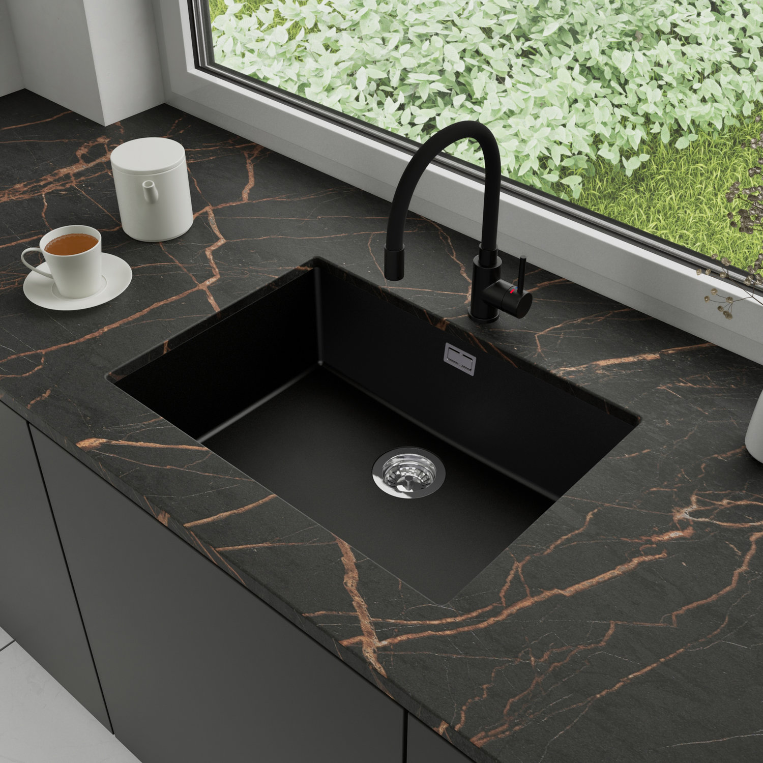 Zlewozmywak podblatowy 66x47cm, do szafki od 70cm + Bateria + Syfon - Agate Czarny STONESTYLE