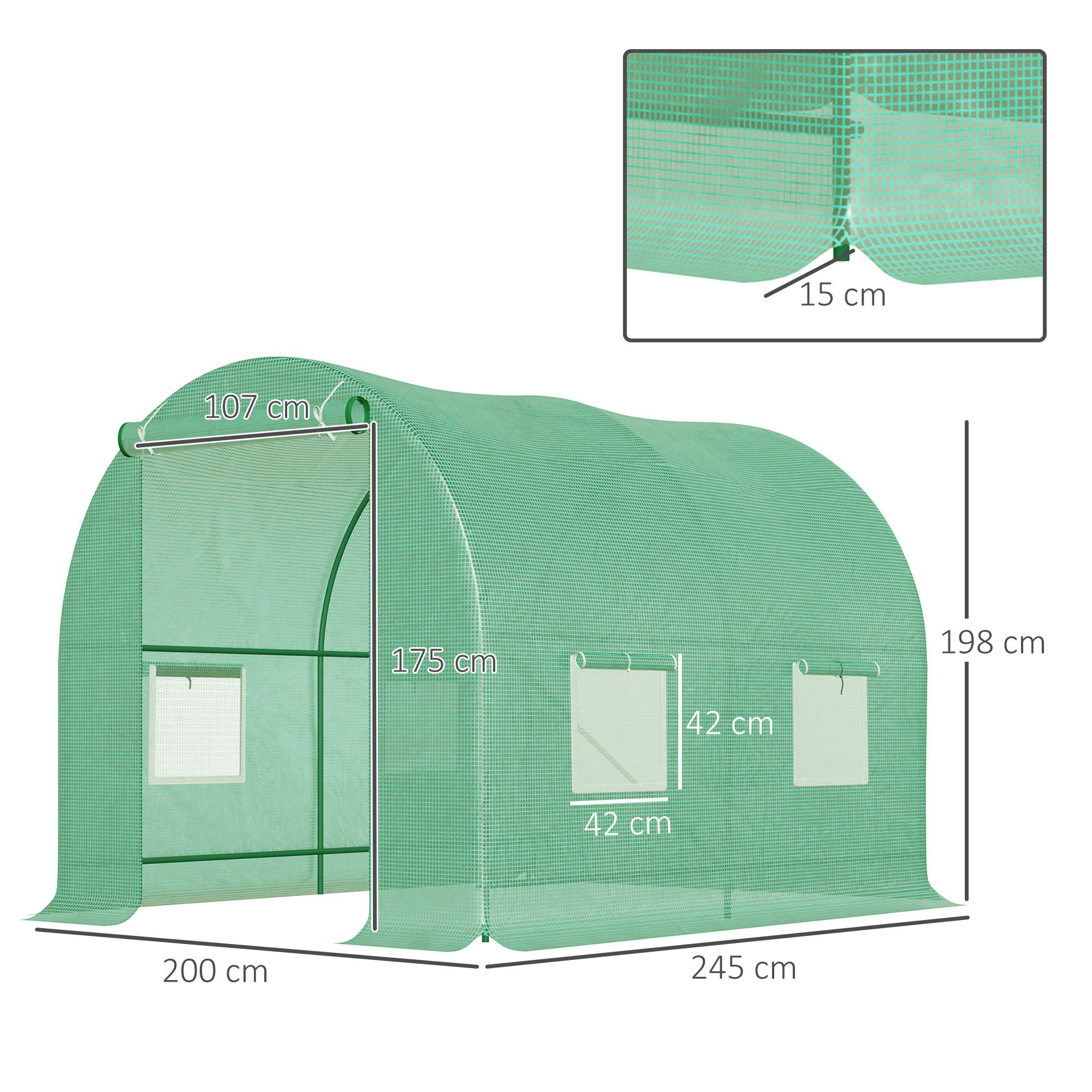Serre de jardin tunnel - Outsunny - 5 m² renforcé pe haute densité 140 g/m² fenêtres porte déroulante - acier - 2,5x2x2m - vert - 3