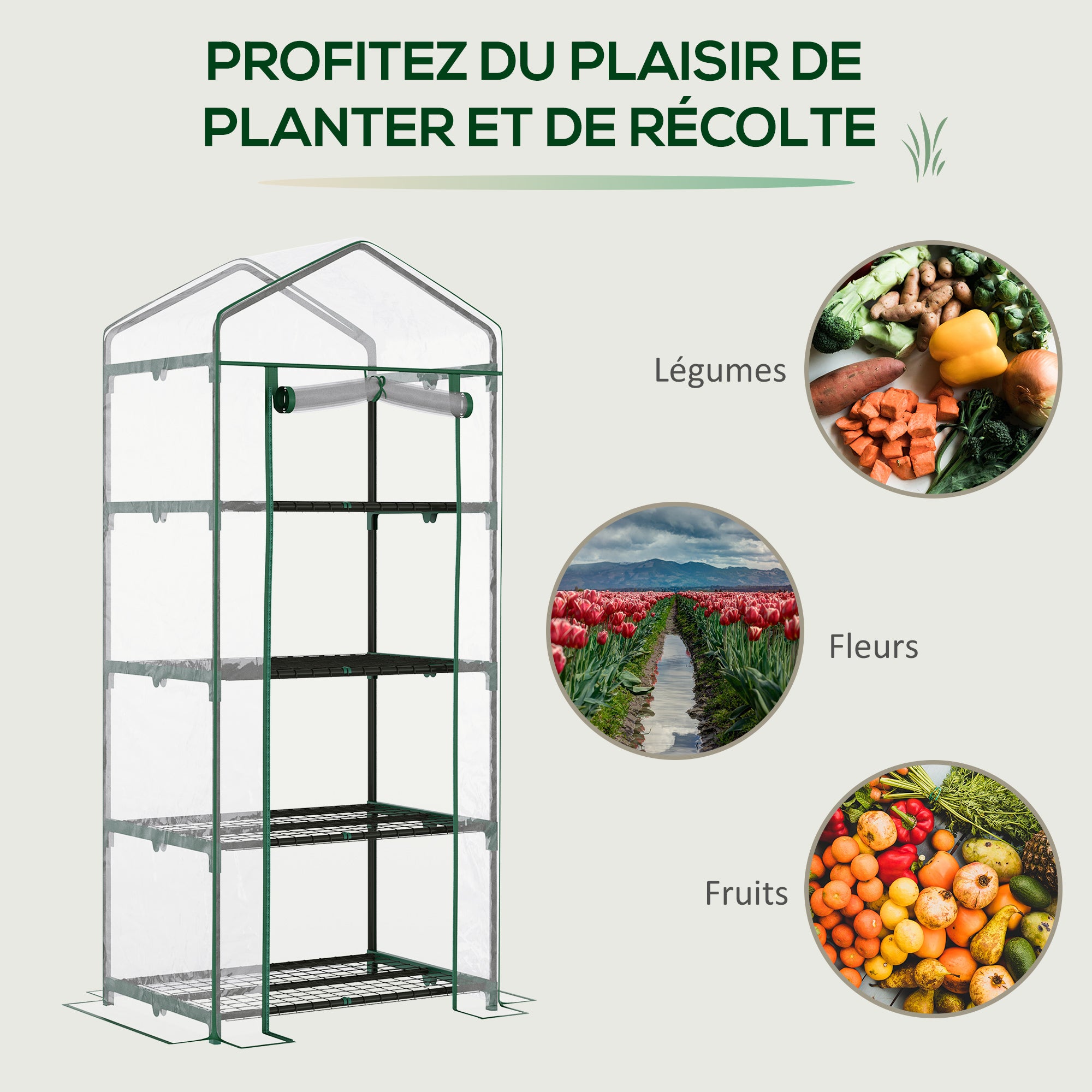 Serre de jardin avec étagères 4 niveaux, serre de balcon, bâche renforcée PVC, châssis en acier,intérieur et extérieur, 70x50x160cm, transparente - 9