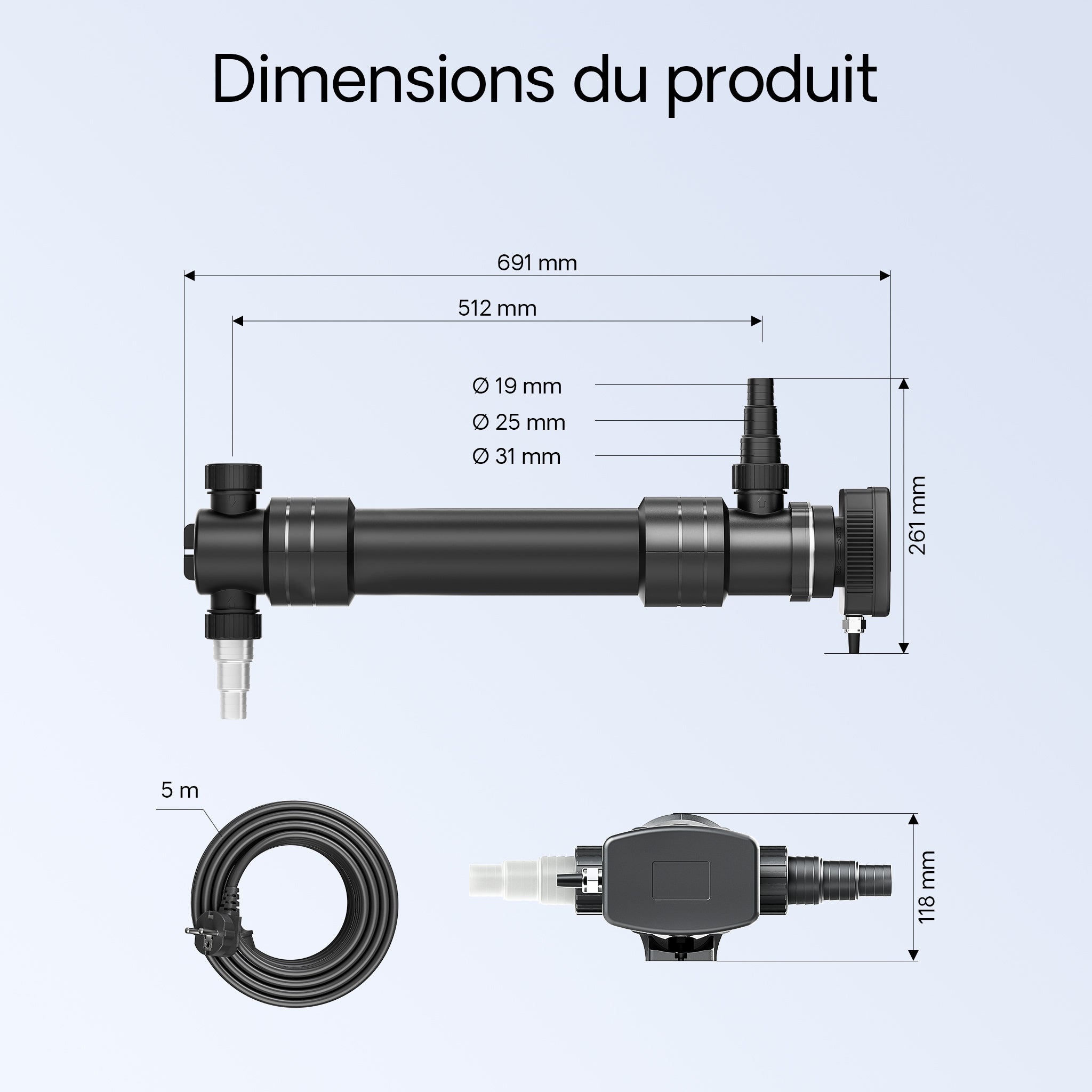 CUV-655 Stérilisateur Clarificateur bassins/étang - débit max. 8000 l/h - avec Lampe rayons UV-C 55 W + Miroir inox + Aimants - pour… SunSun - 6