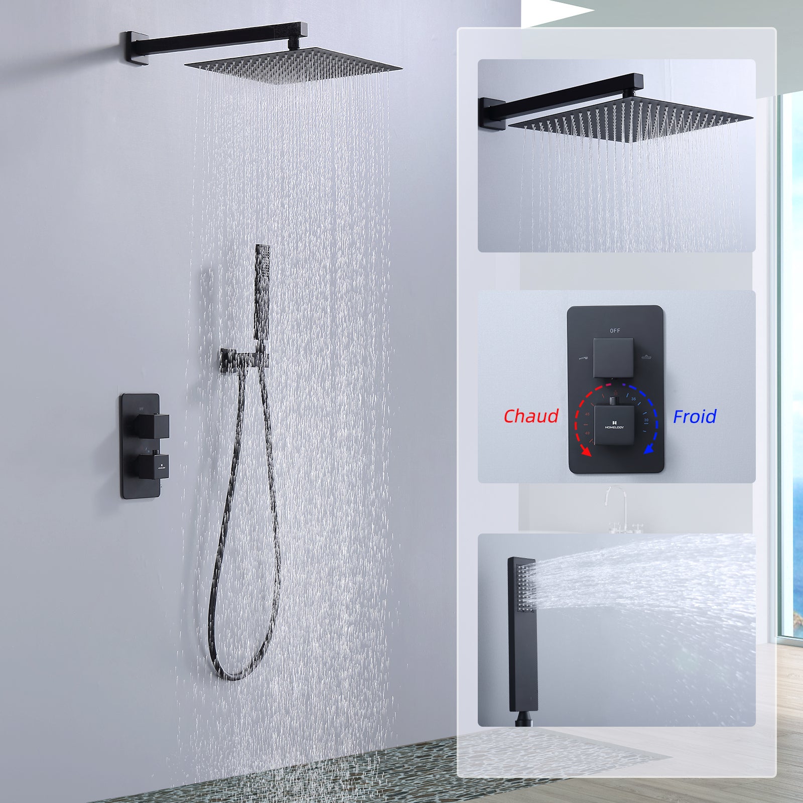 Colonne de Douche Encastrée Noir Système de Douche Thermostat en Laiton avec Tête de Douche Carrée 30*30CM HOMELODY - 8
