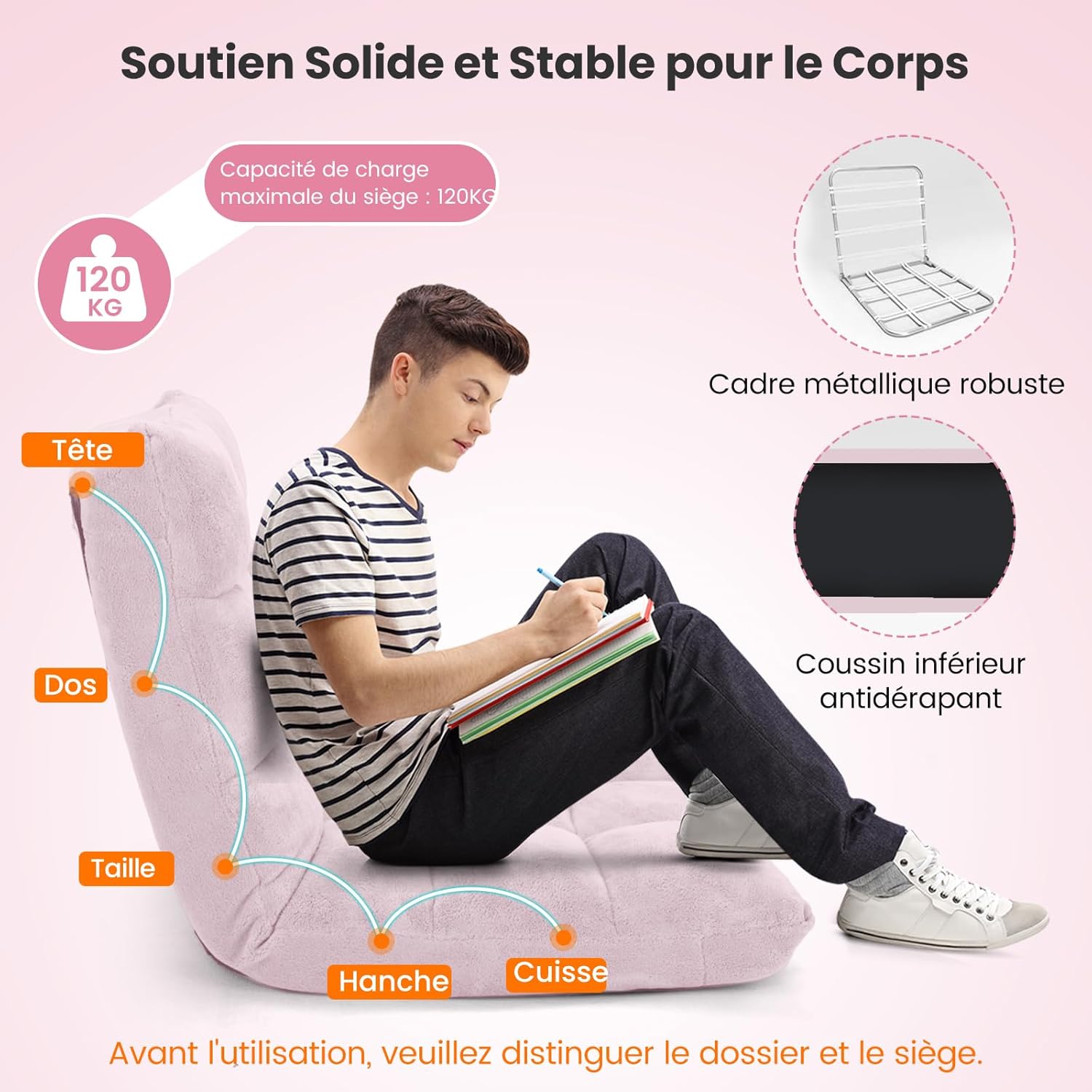 Canapé Paresseux Tatami Pliable Chaise de Plancher Coussin de Chaise de Lit Siège de Sol pour Maison, Bureau 105 x 56 x 15 CM (Rose Clair) - 7