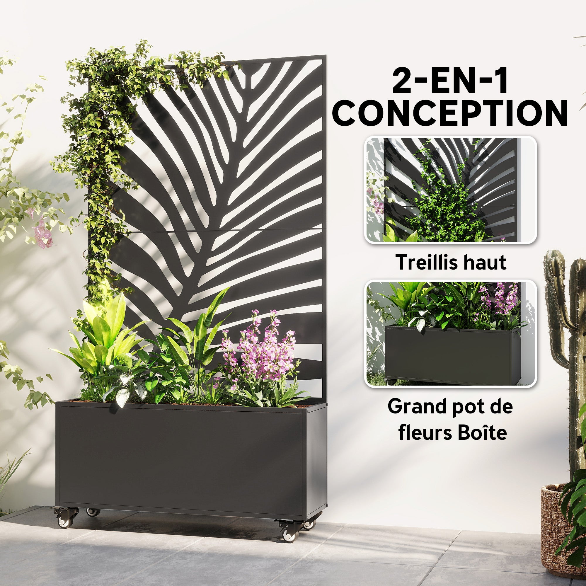 Jardinière avec treillis - Outsunny - avec brise-vue et roulettes verrouillables - pour plantes grimpantes - 90 x 30 x 160 cm, noir - 4