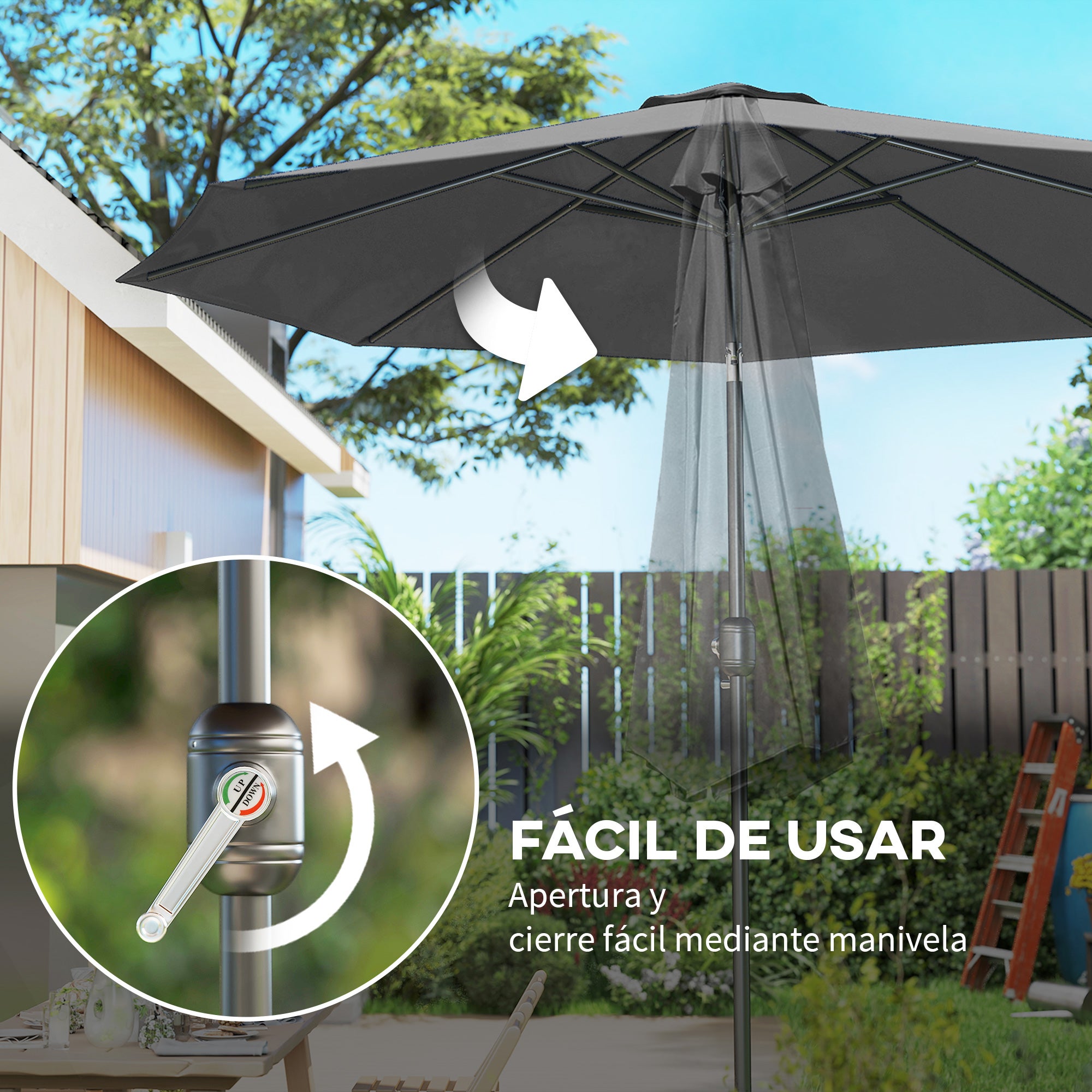 Parasol jardin Ø295x250 cm manivelle basculante, poteau métal amovible, gris foncé - 7