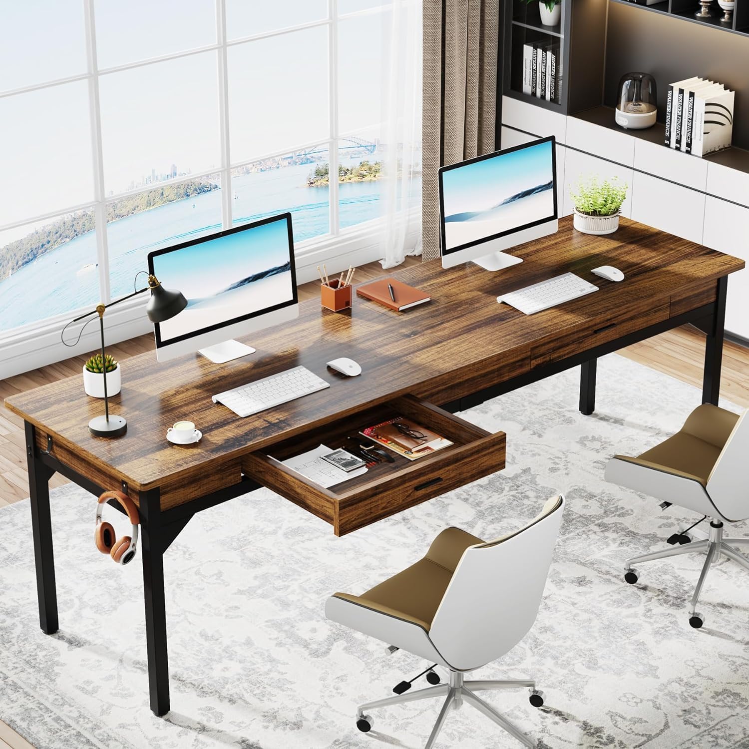 Bureau double 200cm de long table d'ordinateur avec 2 tiroirs, bureau, table de bureau - 2