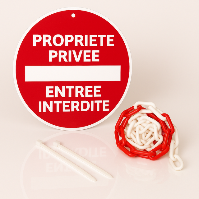 Propriété privée entrée interdite disque prépercé + chaine plastique rouge/blanc + collier de serrage - Panneau rond signalisation
