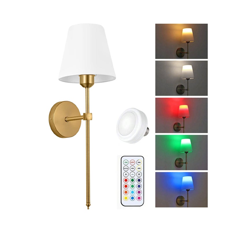 Kinkiet ścienny na baterie z pilotem, ściemnialny kinkiet z abażurem i żarówką z tkaniny, bezprzewodowy kinkiet