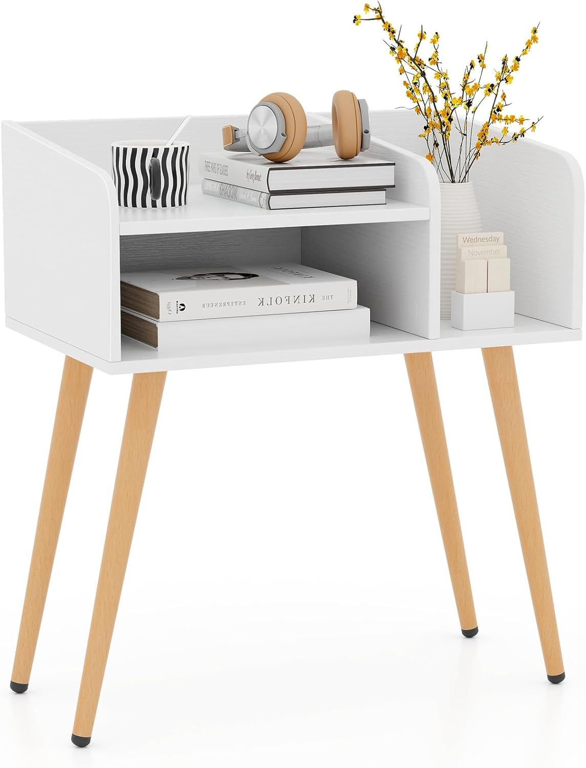 Stolik nocny, stolik pomocniczy z otwartą półką, stolik do sofy z metalowymi nogami podporowymi, komoda nocna, 50 x 32 x 58 cm (biały + naturalny)