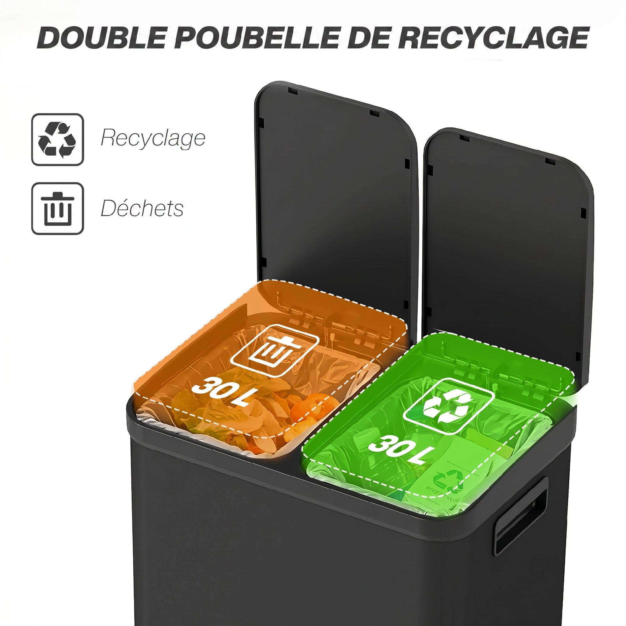 Poubelle de cuisine 2 x 30 L pédale inox fermeture douce noir | Leroy ...