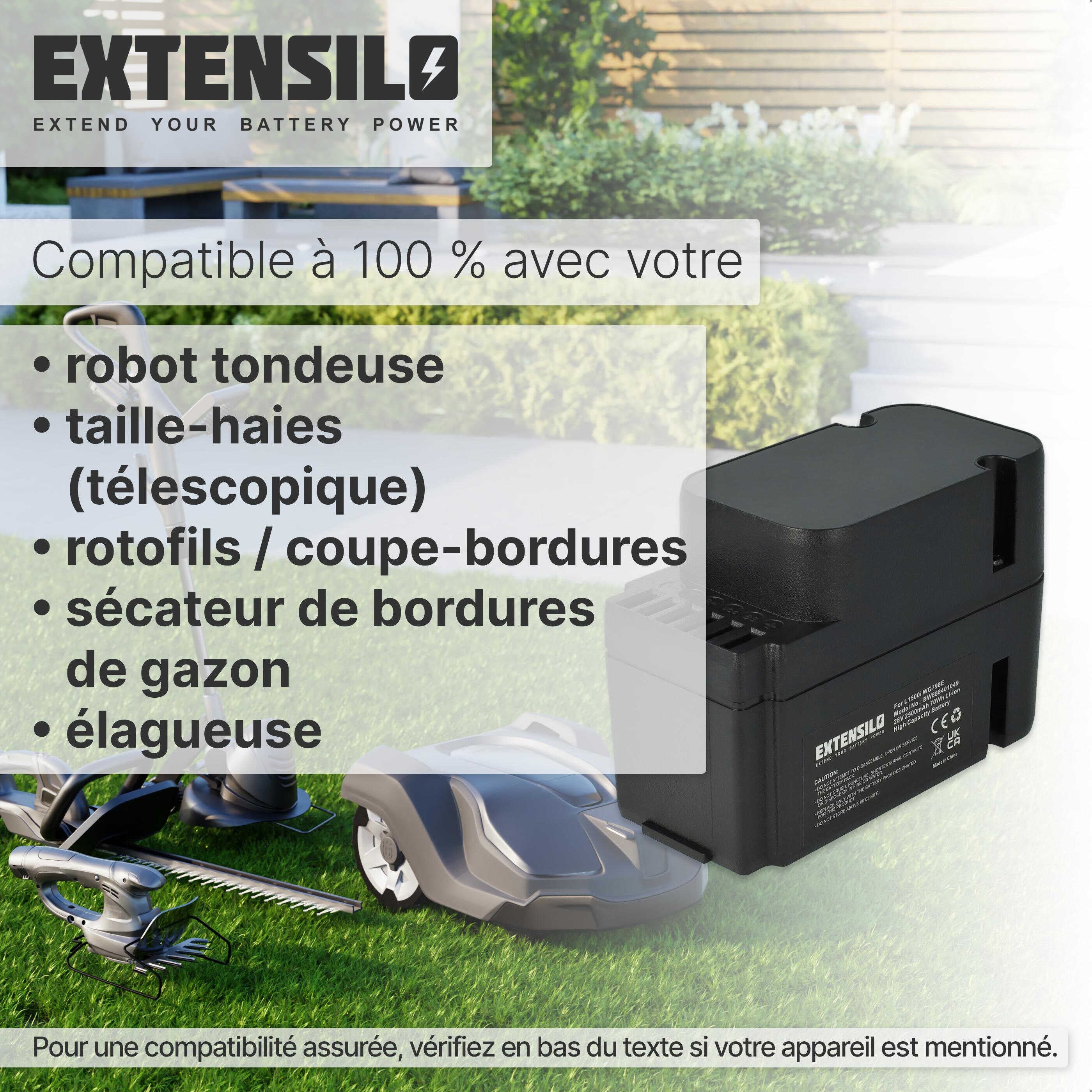 EXTENSILO Batterie Compatible Worx Landroid L1500i WG798E, M1000 WG791E.1, M1000i WG796E.1 - 2500mAh 28V Li-Ion