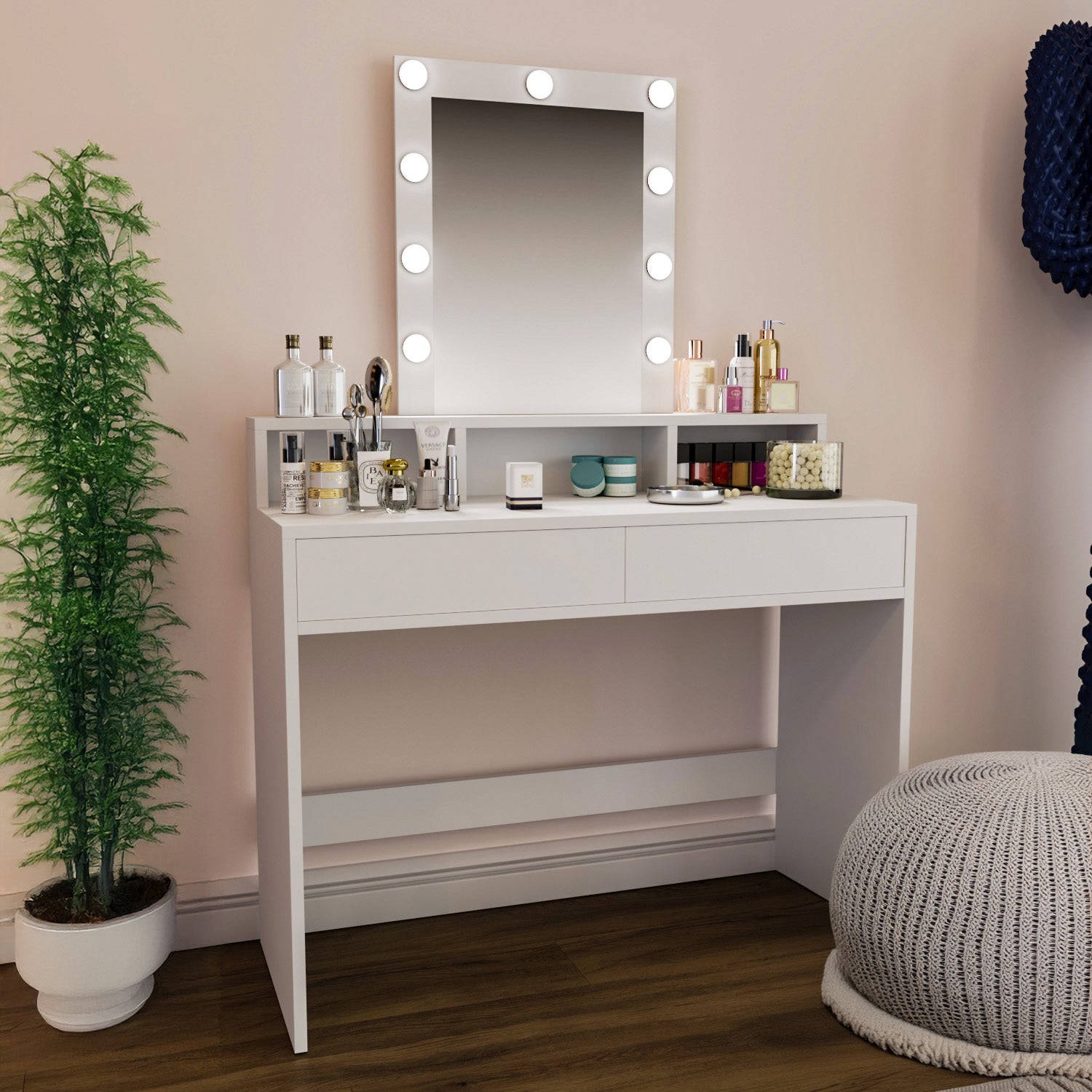 Tavolo Trucco Con Specchio E Luci LED Regolabili, Bianco Brillante, 3 Scomparti, Montaggio A Parete O Su Superficie, 60x31.5x62 Cm