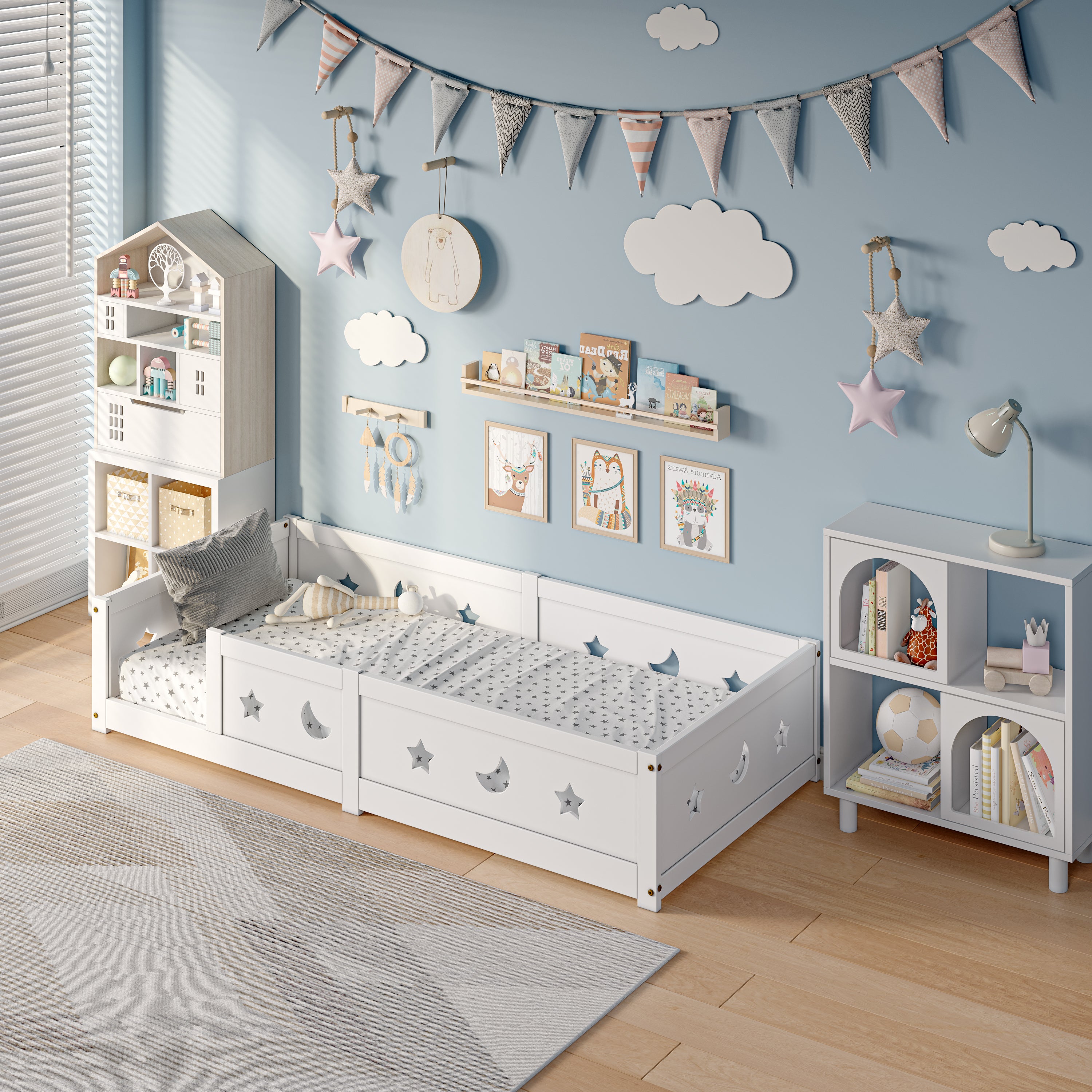 Lit enfant 90x200 cm - Lit évolutif 90x200cm - Lit avec barrière de sécurité - Motifs étoiles et lune - Lit au sol - structure bois massif - Blanc - 5