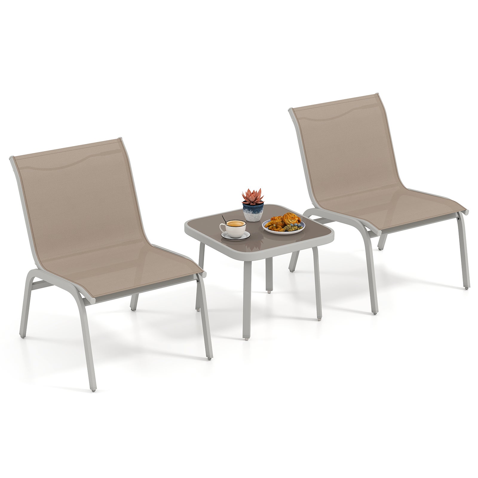 Set de mobilier de grădină pentru exterior, 3 piese, mobilier de grădină cadru , 2 scaune țesătură măsuță auxiliară,capacitate încărcare 50+150 kg