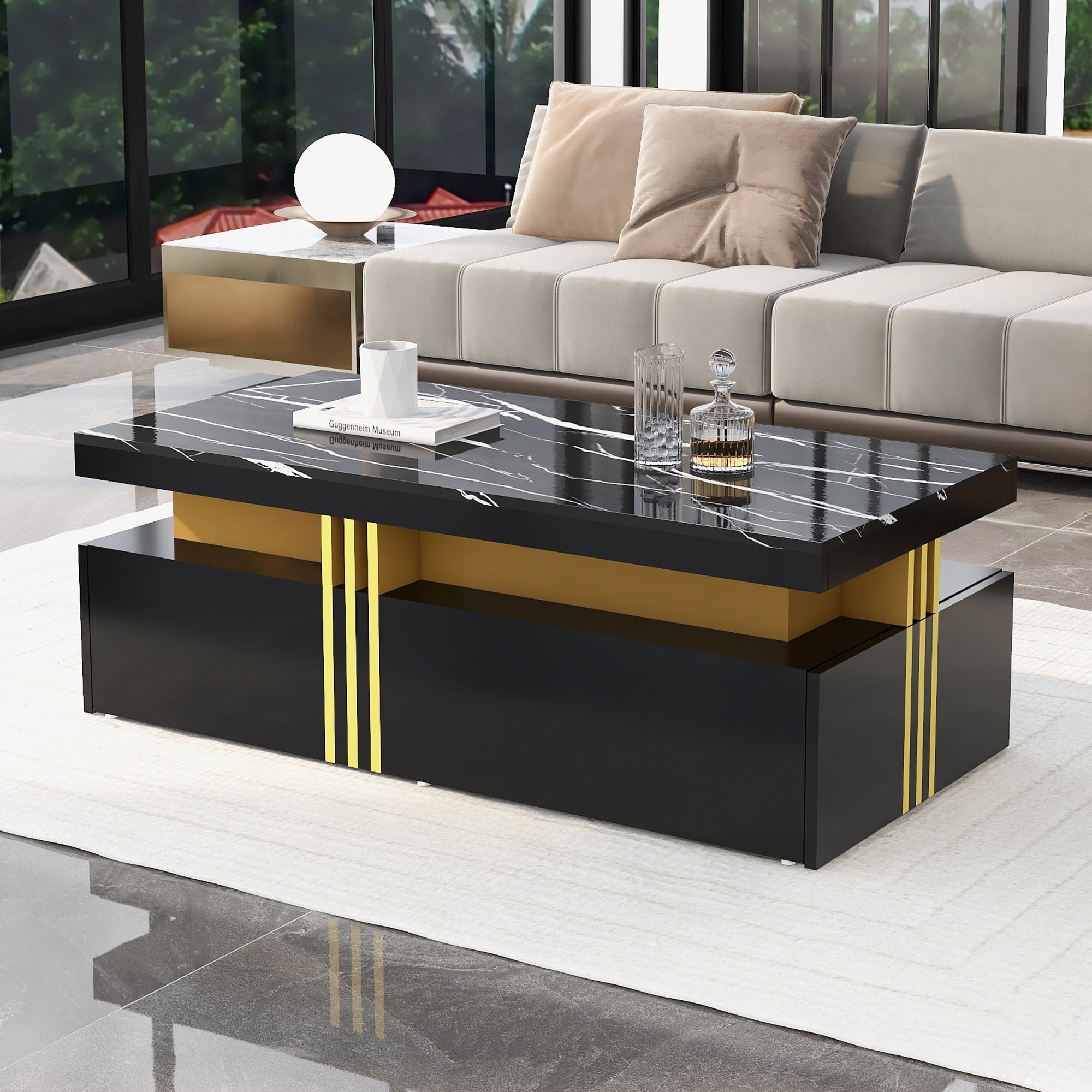 Table basse rectangulaire moderne avec plateau brillant avec 2 tiroirs en bois, plateau marbré, pour salon, 100x50x40 cm, noir - 2