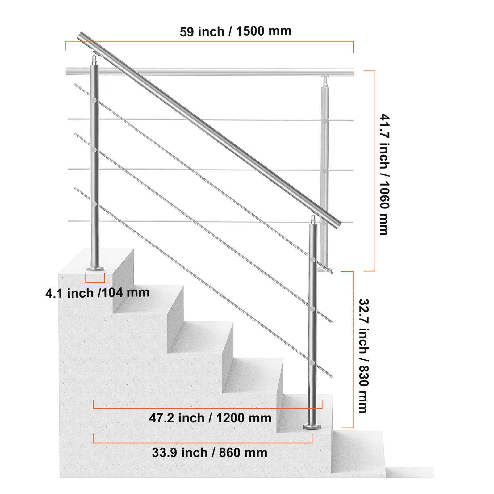 Rampes extérieures SucceBuy 59in,3 barres transversales,design double colonne,rampes inox avec kit d'installation. - 2
