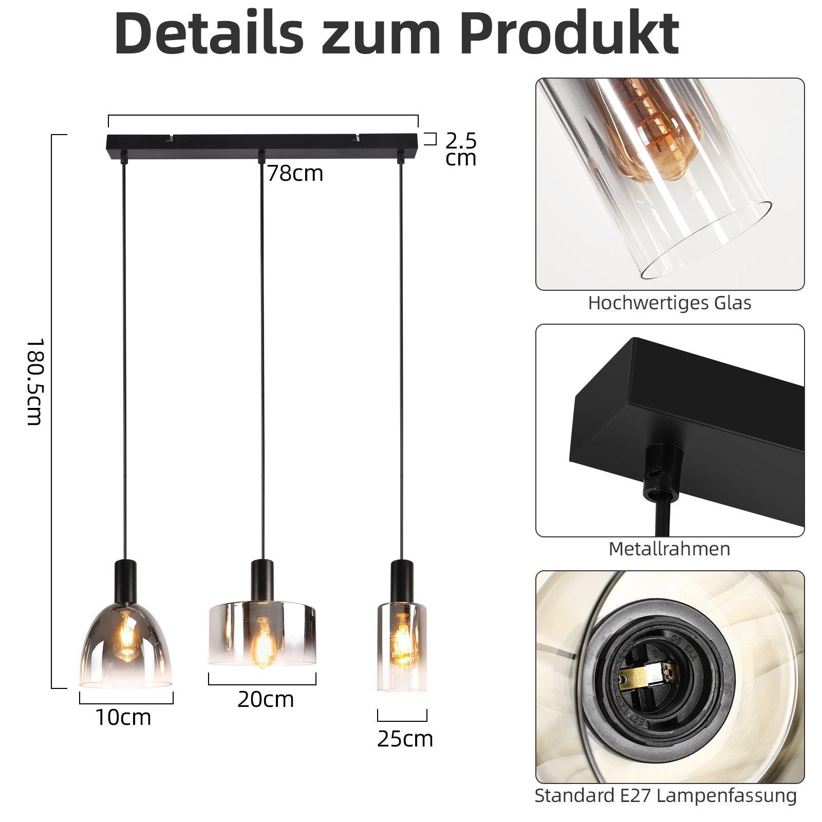 NETTLIFE Lampe à Suspension Pour Table à Manger Vintage En Verre Gris Fumé E27 Réglable En Hauteur Pour Salon - 3